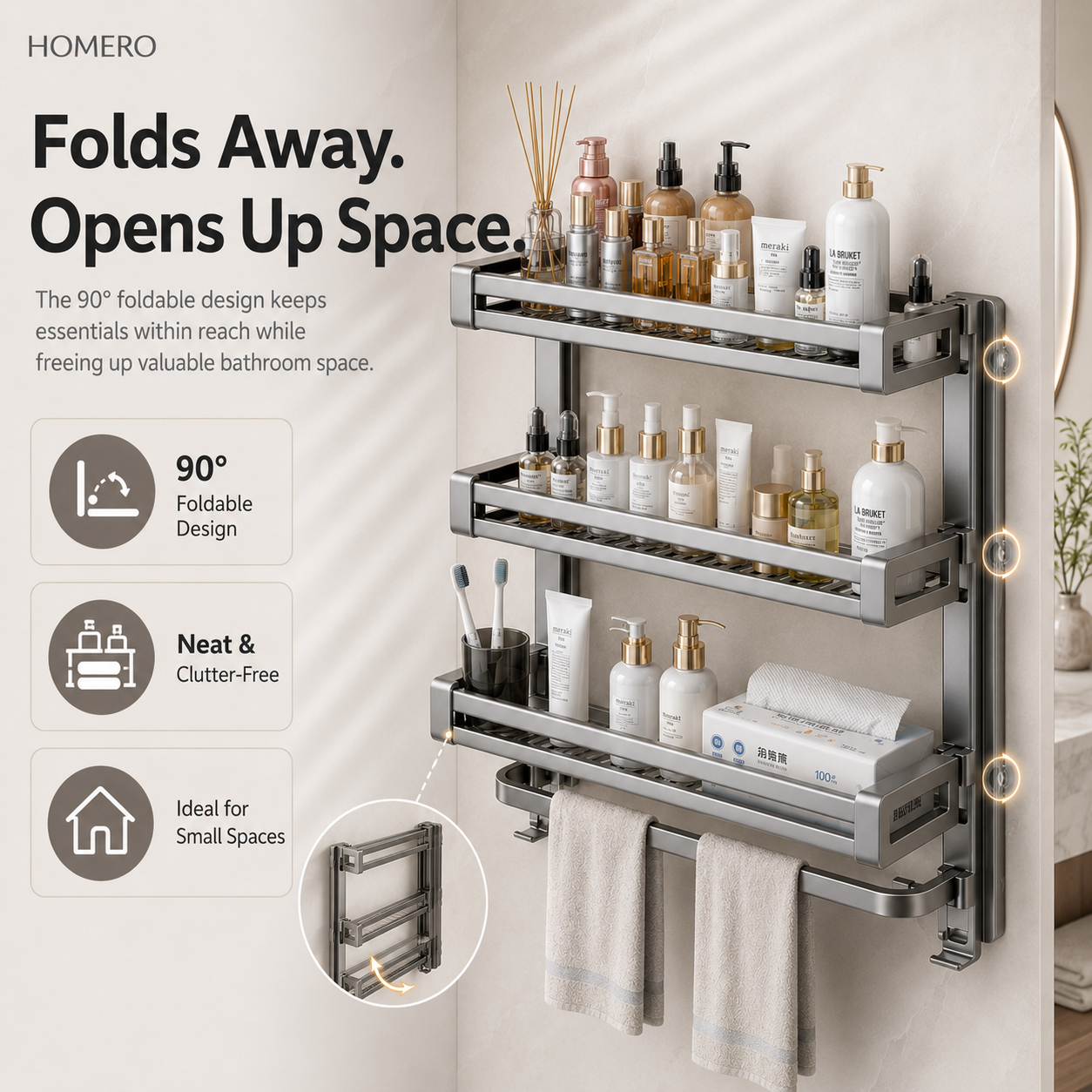 Multi-Purpose Wall Mounted Bathroom Organizer Rack with 6 Point Strong Grip