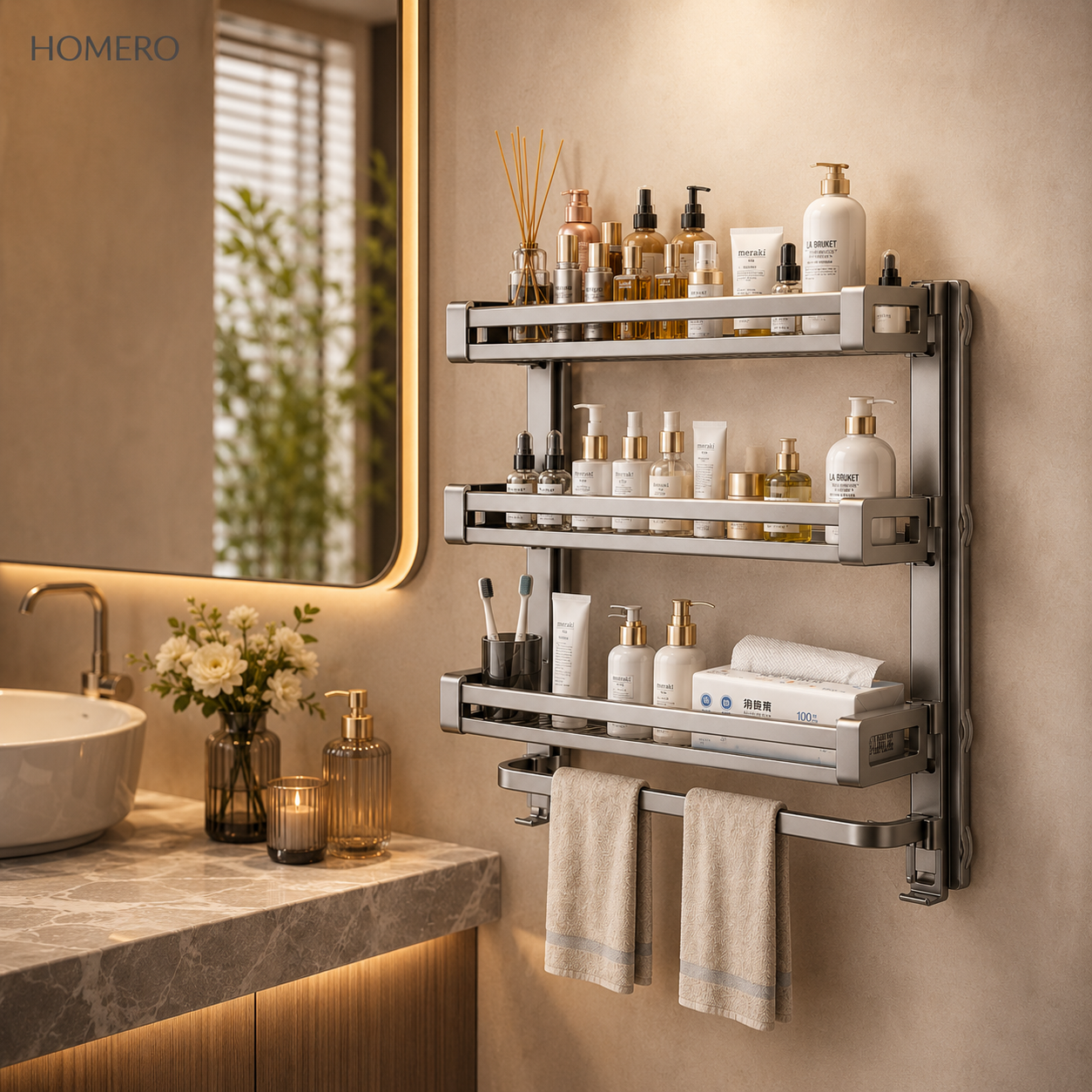 Multi-Purpose Wall Mounted Bathroom Organizer Rack with 6 Point Strong Grip