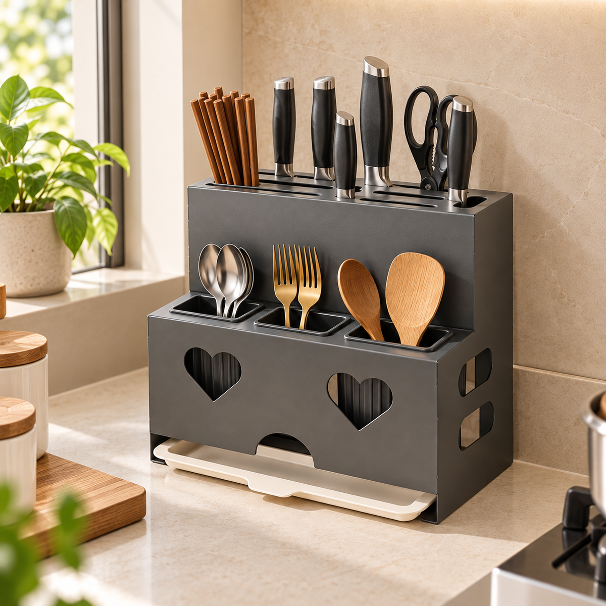 Wall Mounted Kitchen Knife Holder and Chopstick Organizer