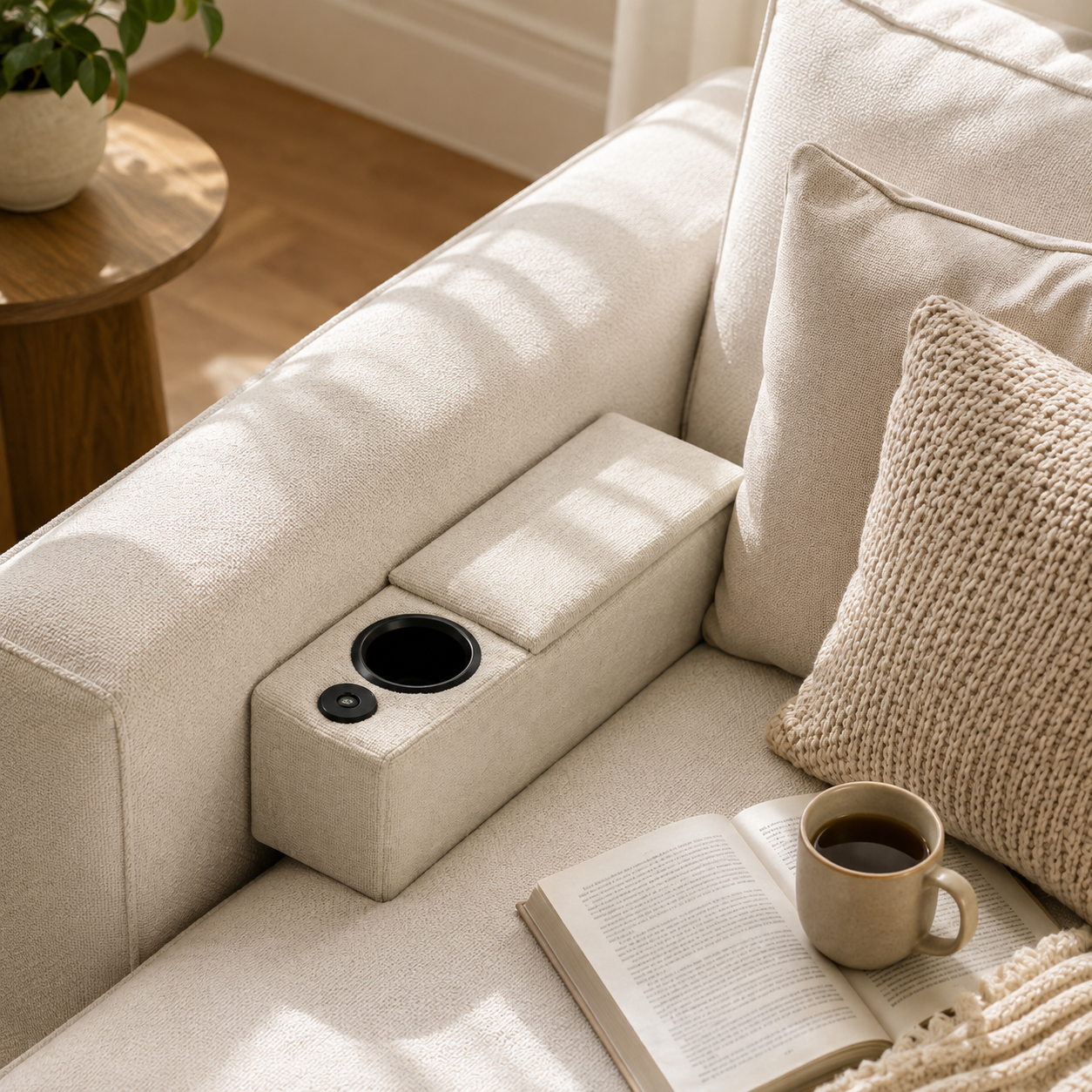 Multifunctional Sofa Armrest Couch Caddy with Wireless Charging LED Light