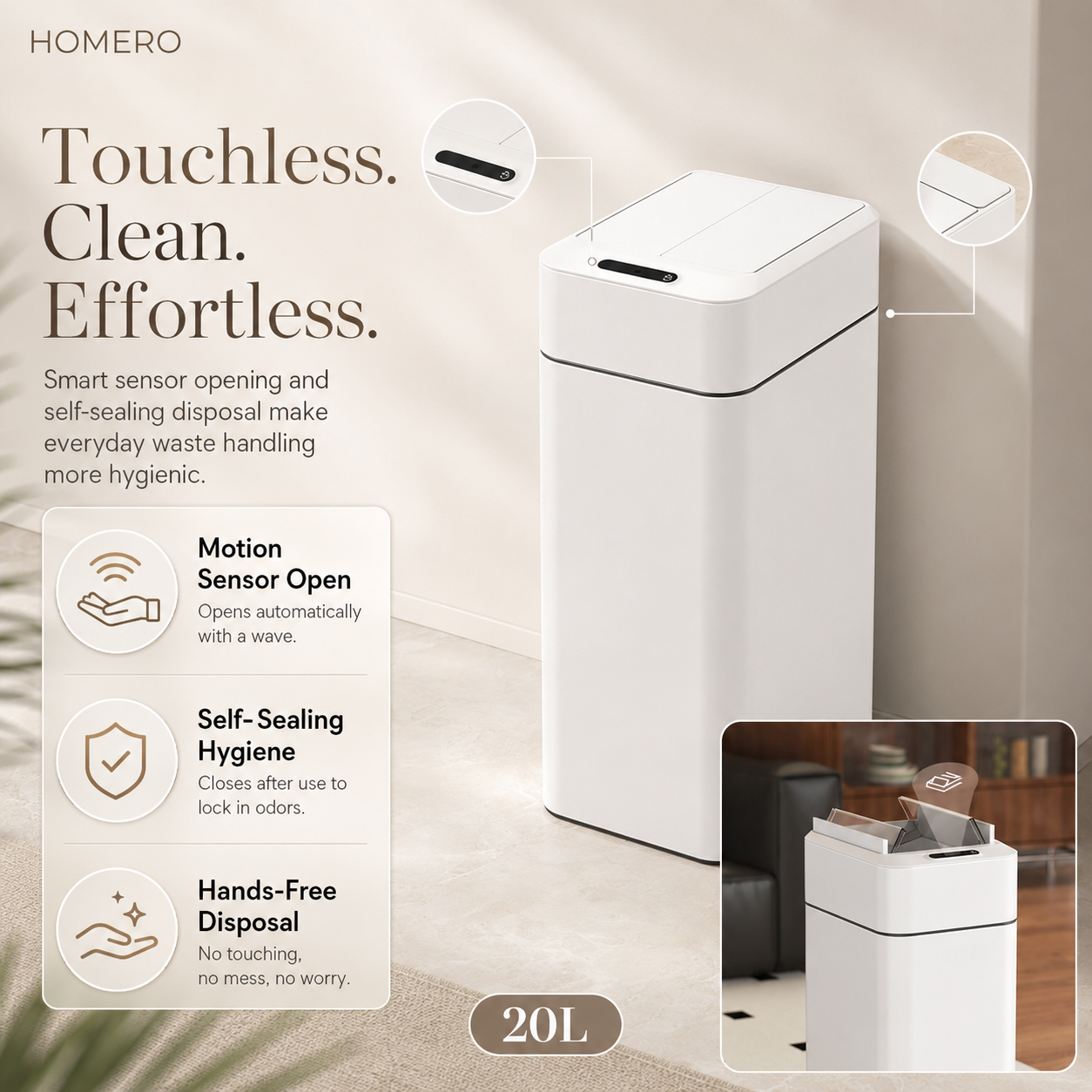 Smart Touchless Automatic Trash Bin with Self Sealing Technology - 20L