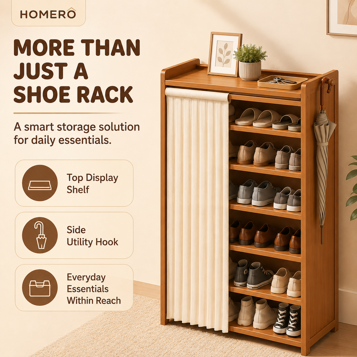 Multi Layer Bamboo Shoe Rack Cabinet with Dustproof Curtain