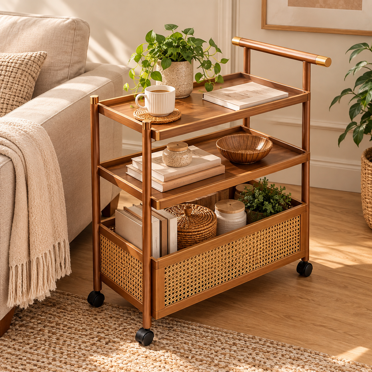 Natural Bamboo Woven Rattan Rolling Utility Side Table