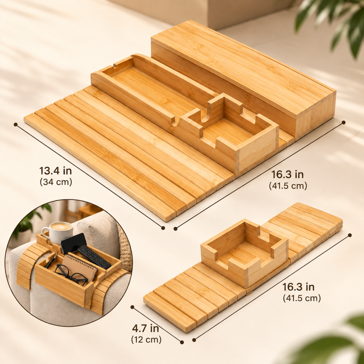 Natural Bamboo Sofa Armrest Tray Table with Storage Slots and Mug Holder