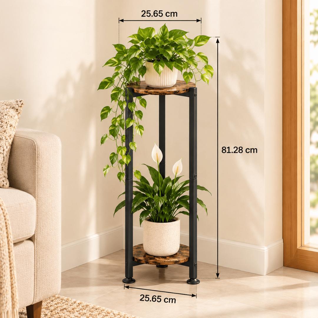 Two Tier Round Plant Stand with Oak Finish Shelves and Metal Frame