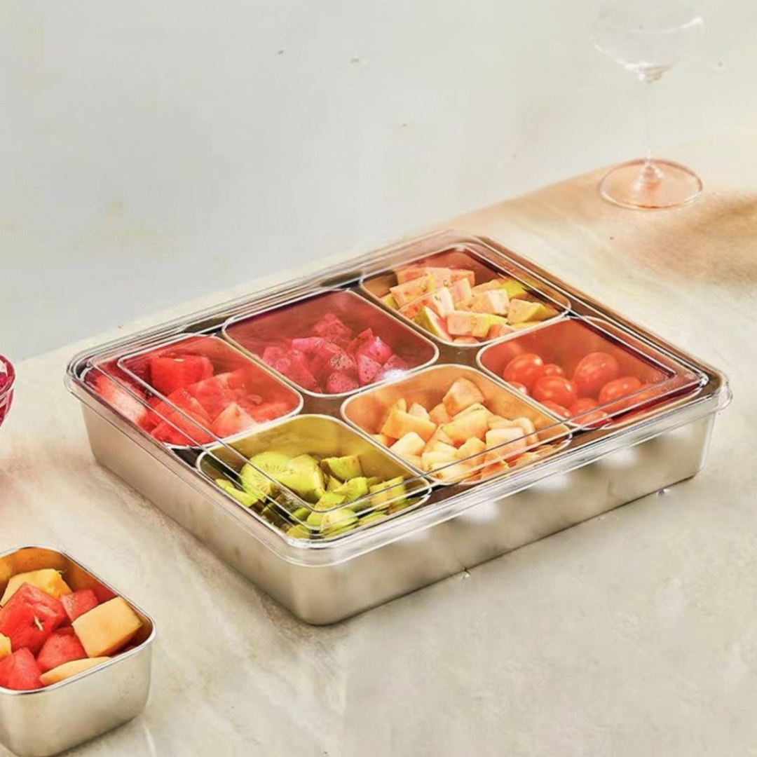 304 Stainless Steel 6-Compartment Seasoning Storage Box with Dustproof Lid