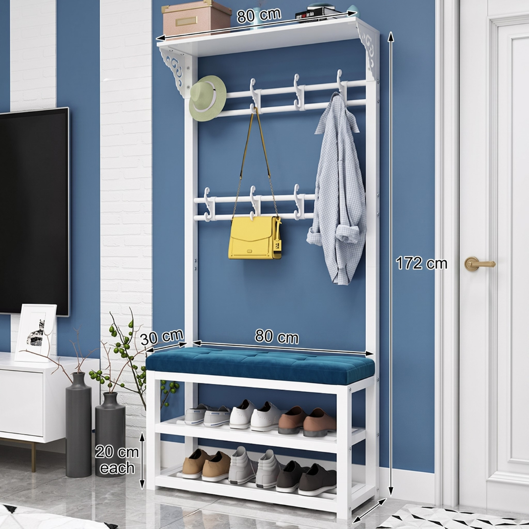 4 in 1 Entryway Coat Rack with Shoe Bench Storage Shelves and Removable Hooks