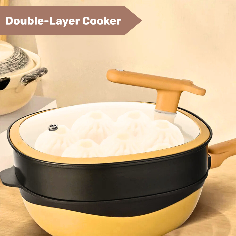 Titanium Coated Double Layer Non-Stick Wok Frying Pan with Steamer