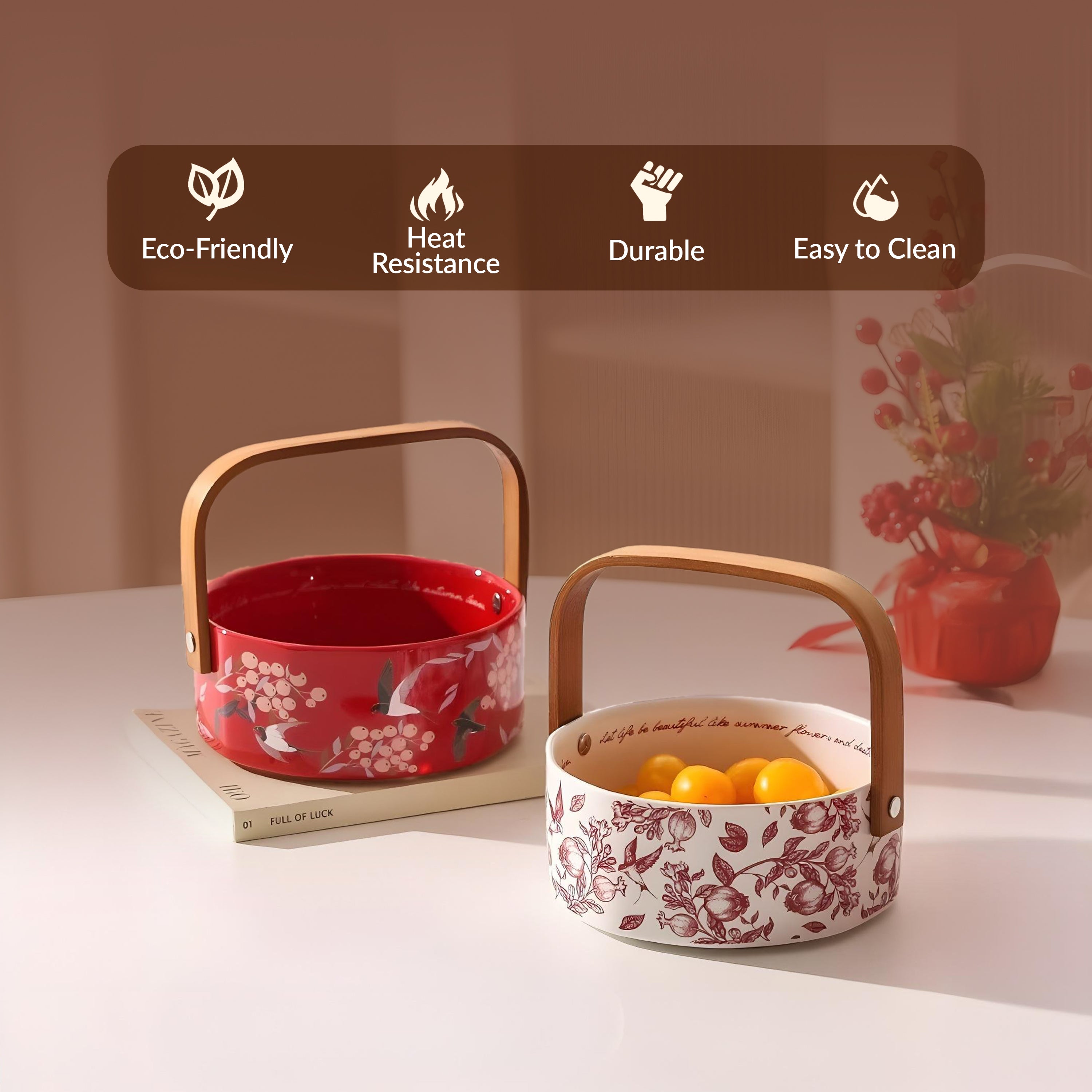 Elegant Ceramic Fruit Basket with Bamboo Handle for Home & Kitchen