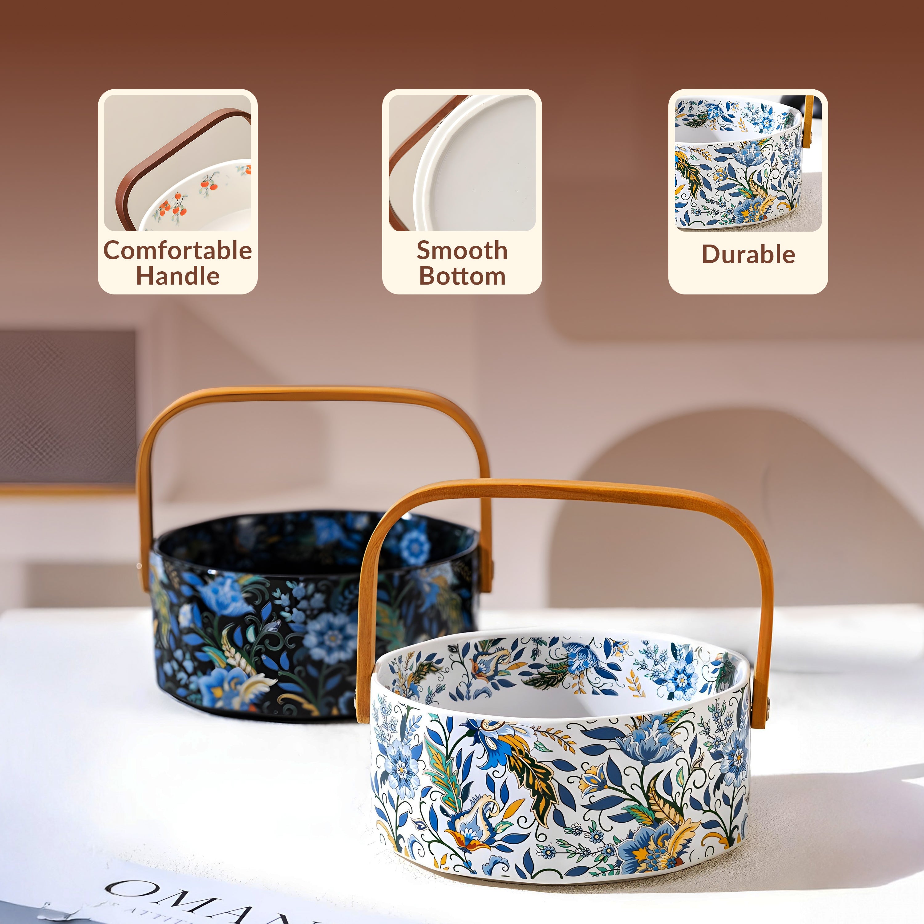 Elegant Ceramic Fruit Basket with Bamboo Handle for Home & Kitchen
