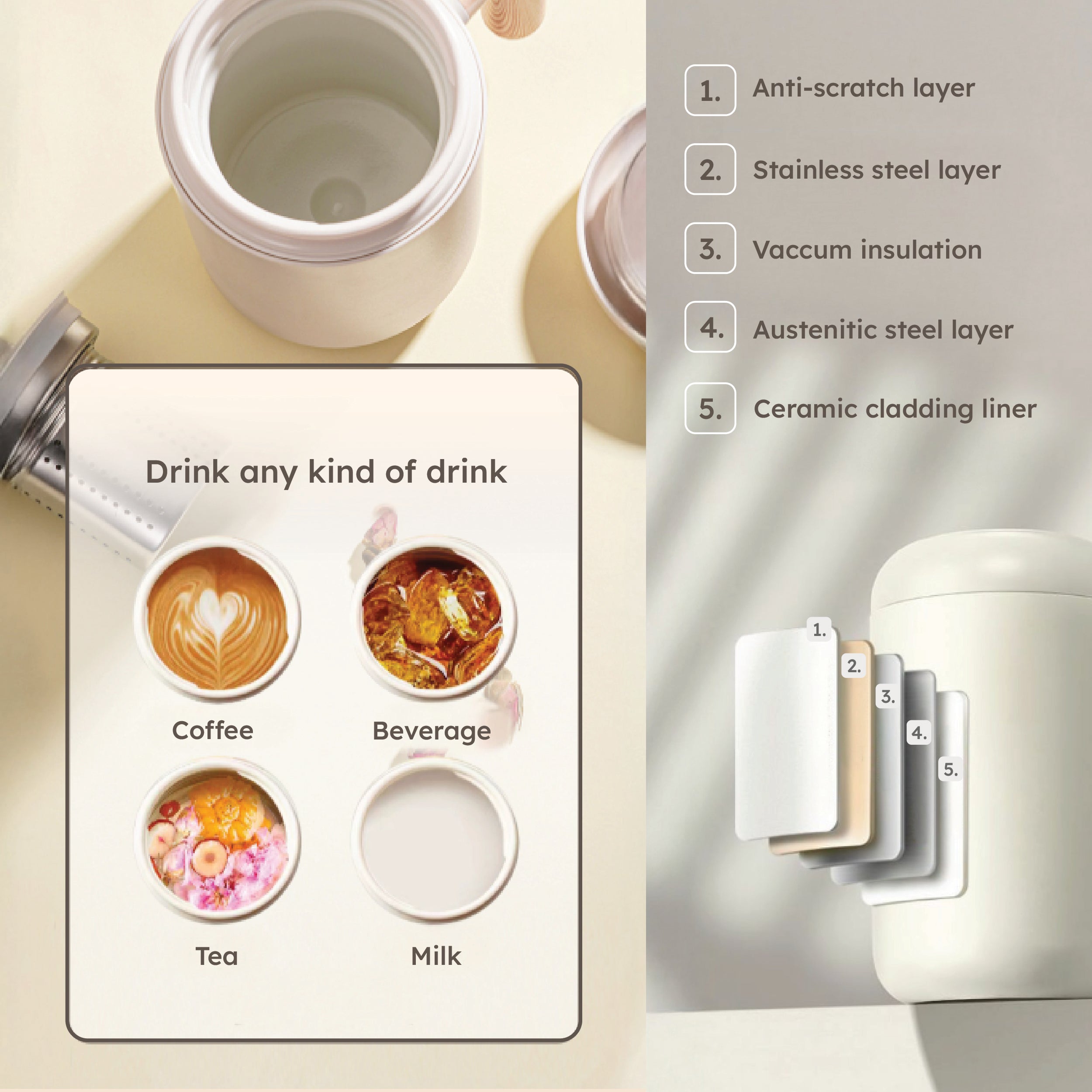 HOMERO Stainless Steel Automatic Stirring Mug with Wooden Handle - 420ml