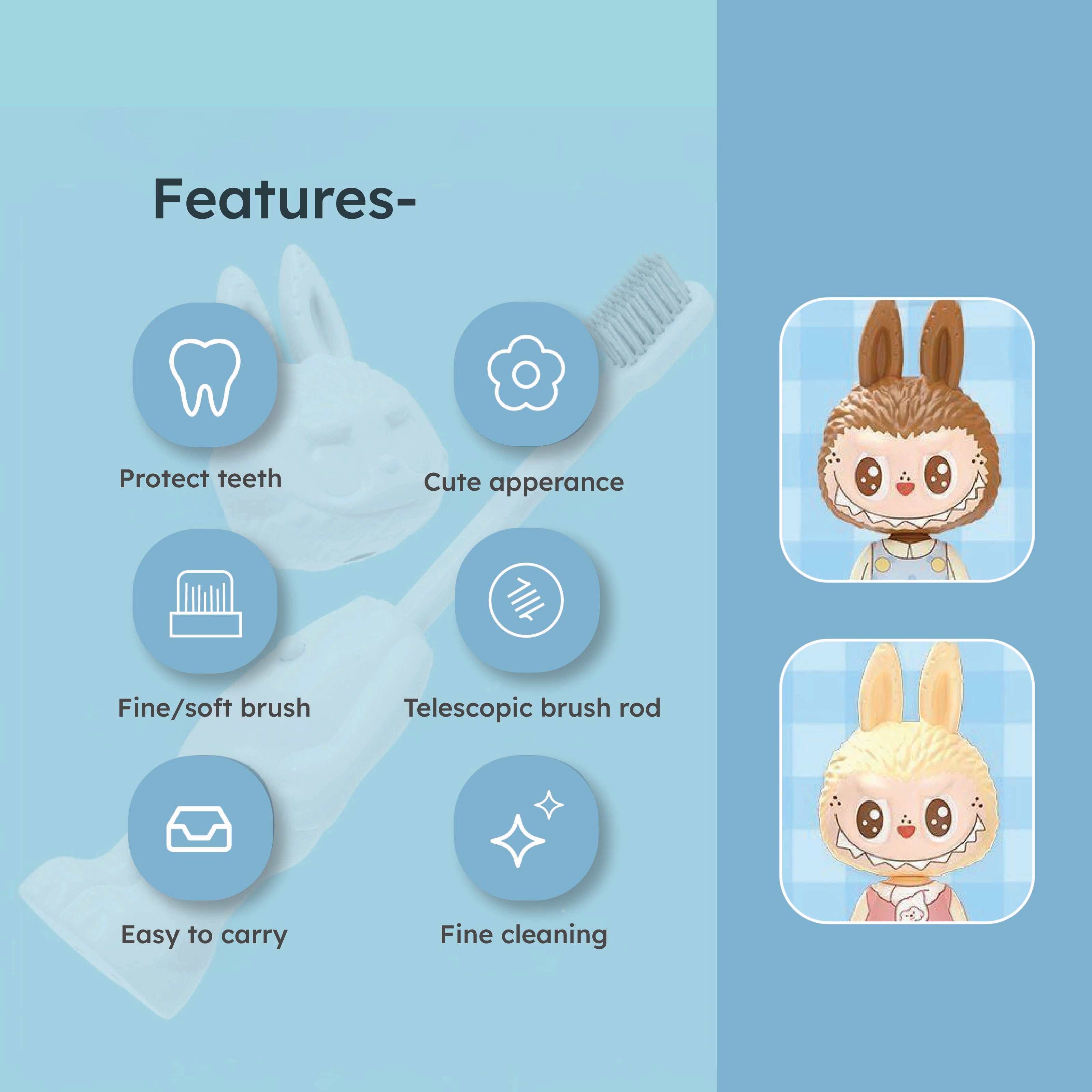 Homero Cute Labubu Ultra Soft Bristles Toothbrush 2 Piece (Pink and Blue)