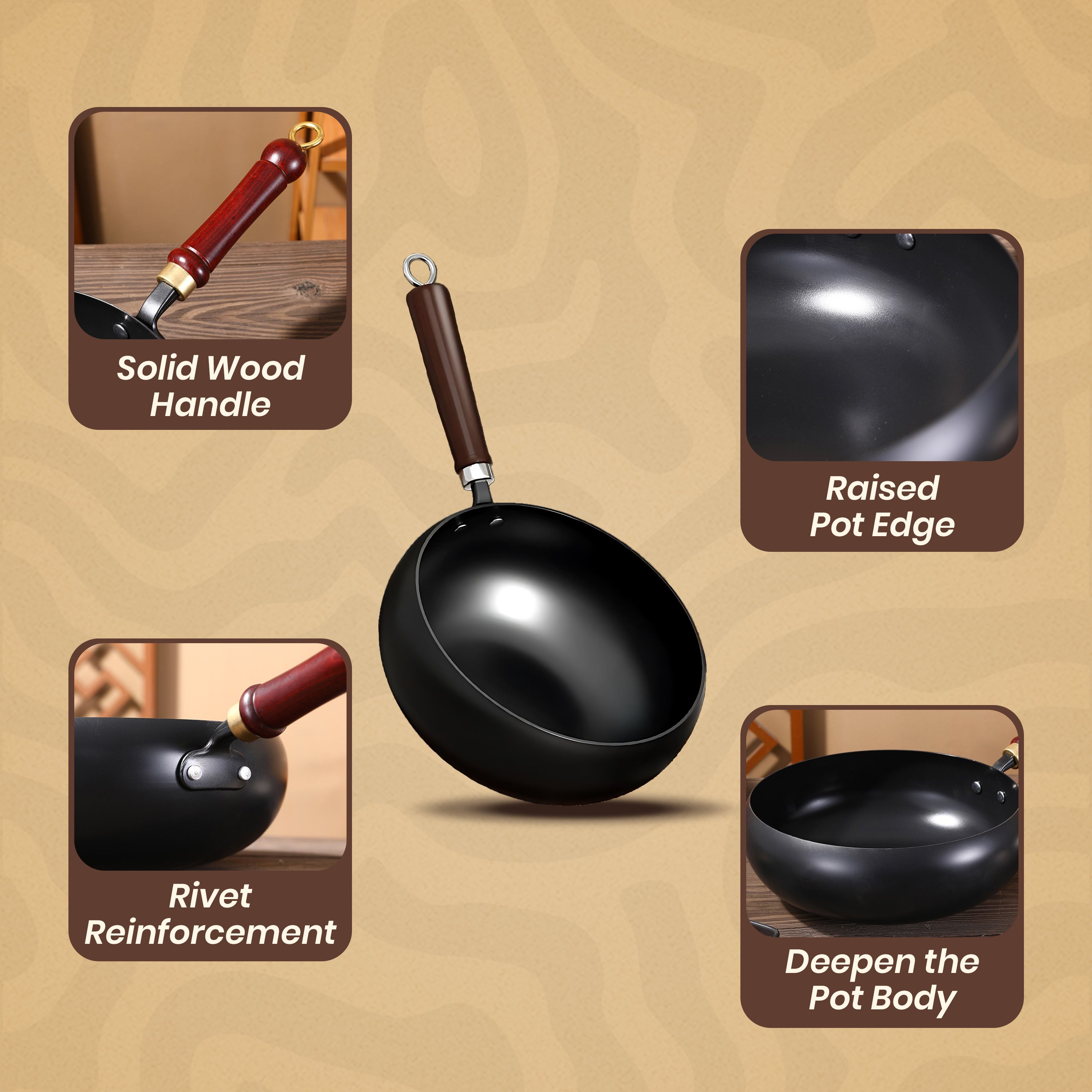Homero Premium Iron Frying Wok Pan with Glass Lid - 24CM Black