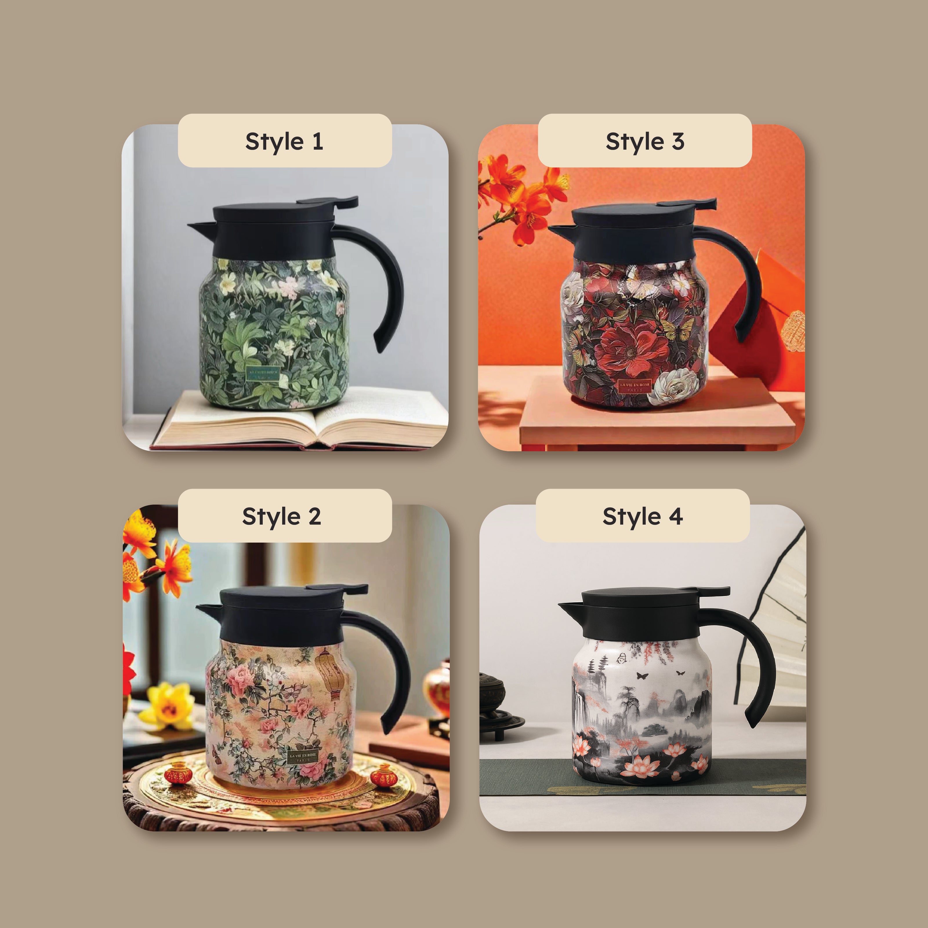 Homero Vintage Floral Stainless Steel Elegant Insulated Teapot - 800ml