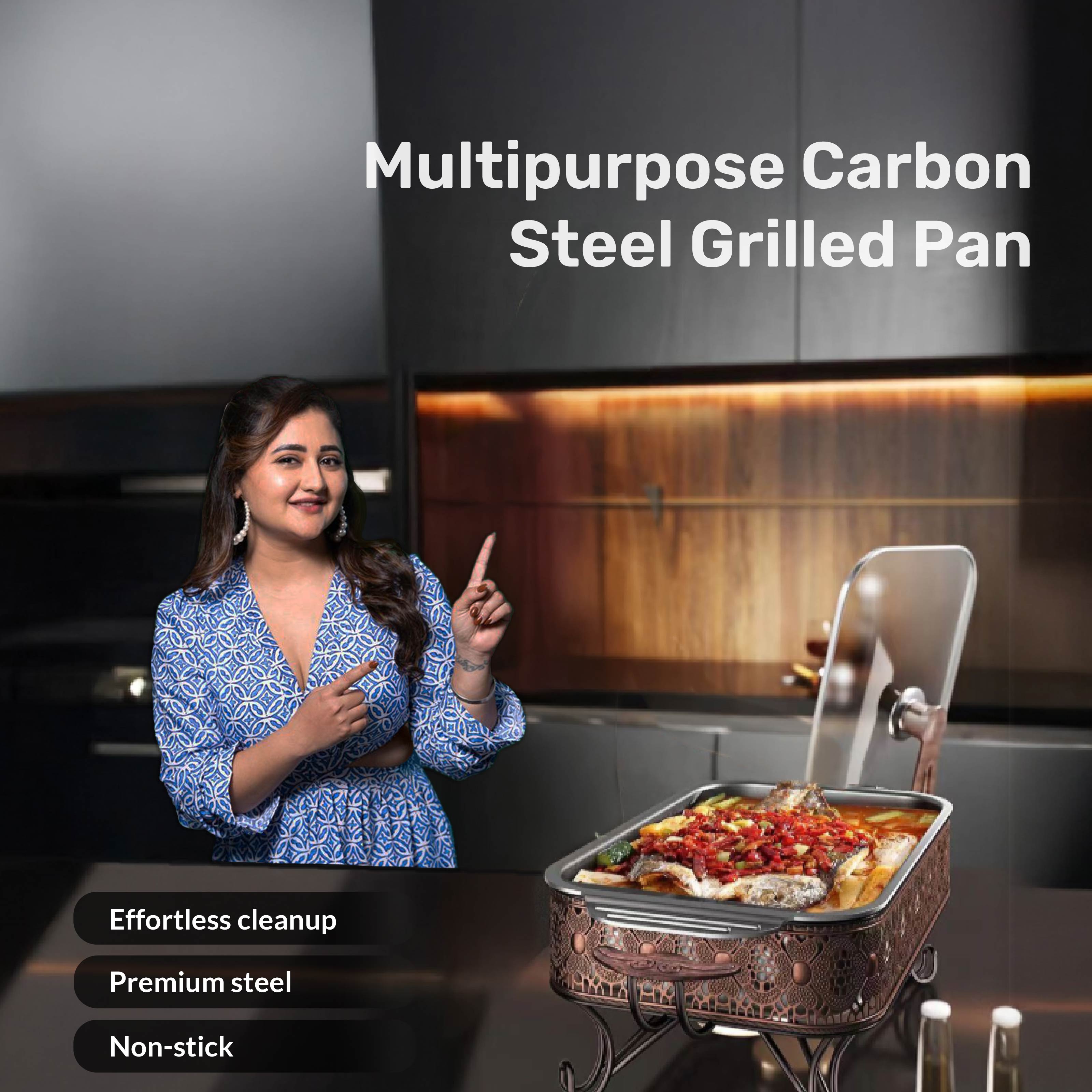 Multipurpose Carbon-Steel Non-Stick Grilled Pan with Lid