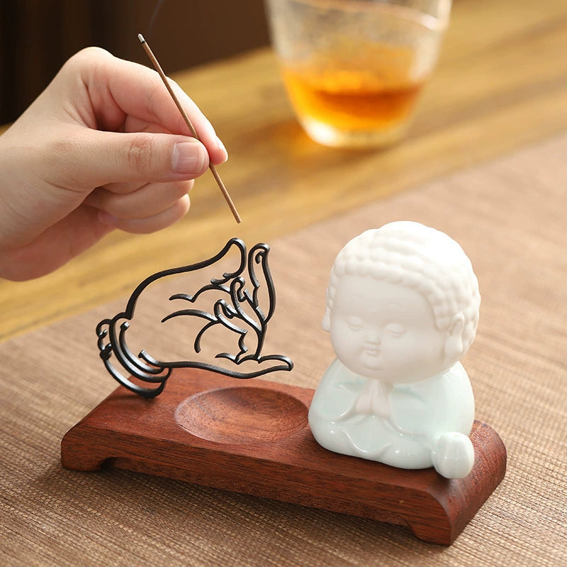 Homero Wooden Base Zen Metal Hand Incense Holder - 16cm