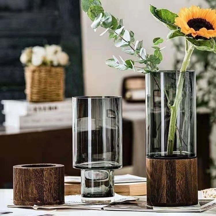 Homero Cylinder Vases with Wooden Base for Home Decor