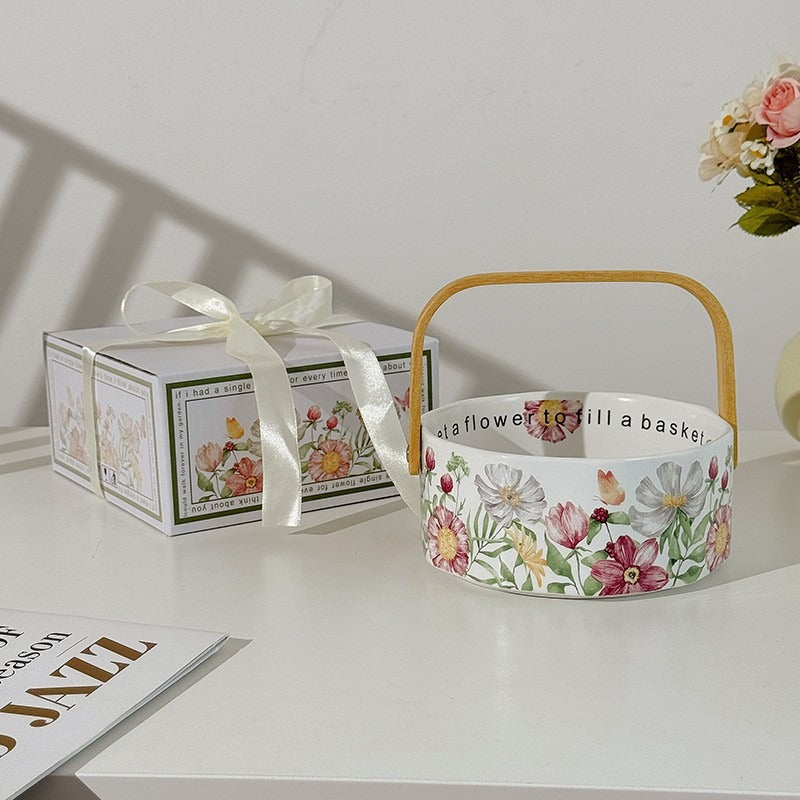 Elegant Ceramic Fruit Basket with Bamboo Handle for Home & Kitchen