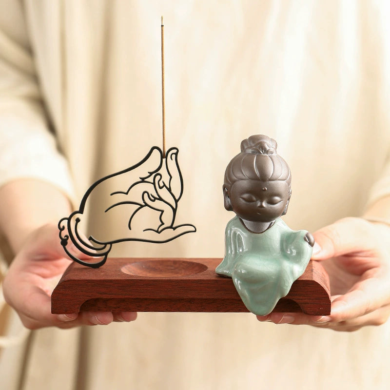 Homero Wooden Base Zen Metal Hand Incense Holder - 16cm