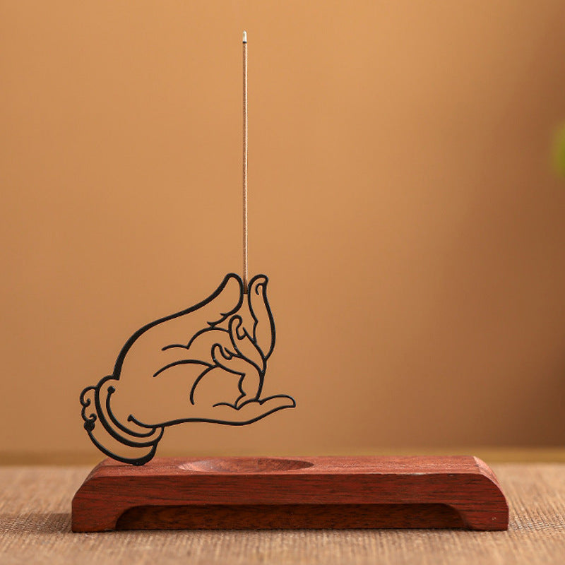 Homero Wooden Base Zen Metal Hand Incense Holder - 16cm