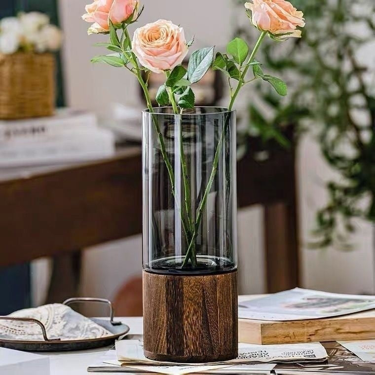 Homero Cylinder Vases with Wooden Base for Home Decor