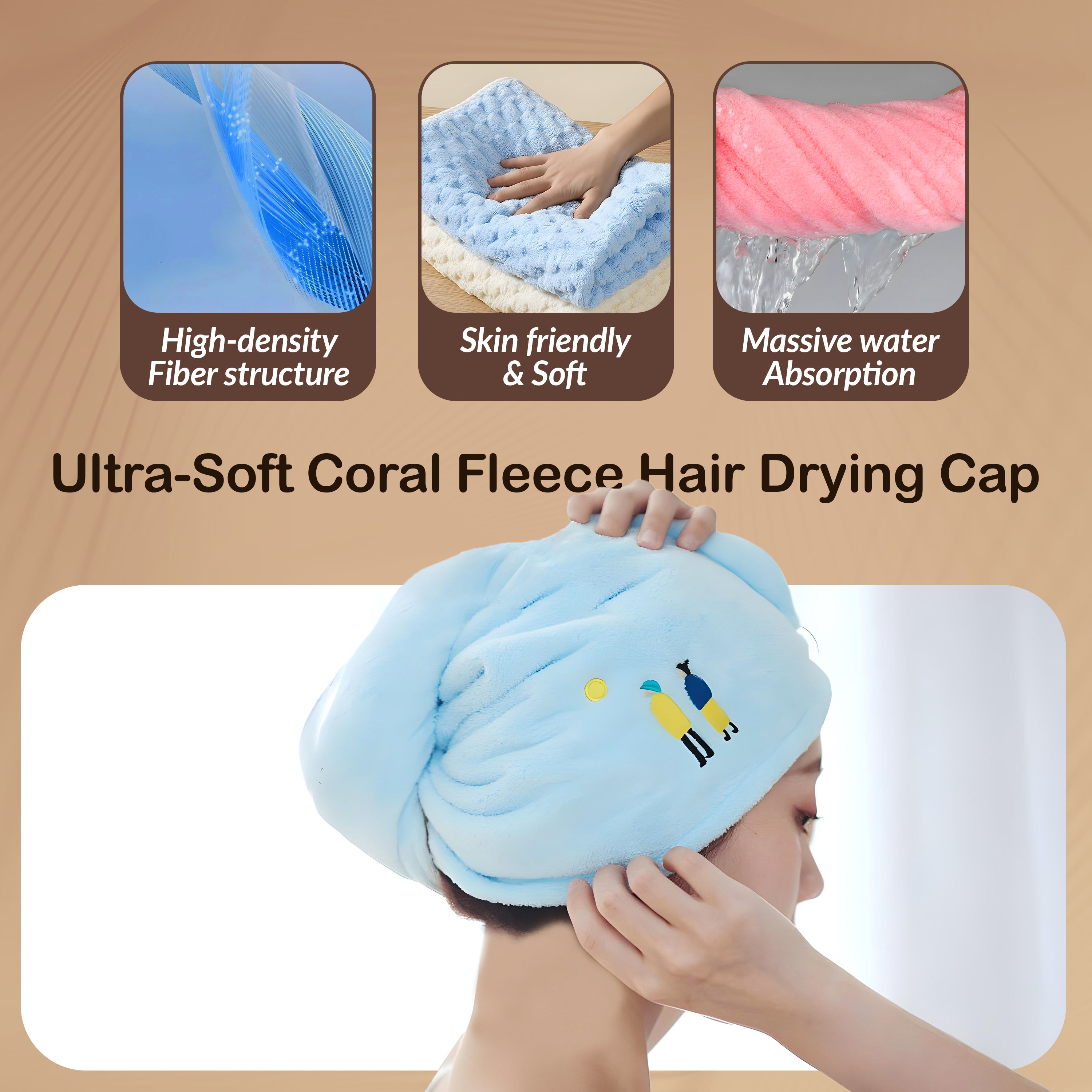 Homero Ultra-Soft Coral Fleece Hair Drying Cap with Cloud Texture