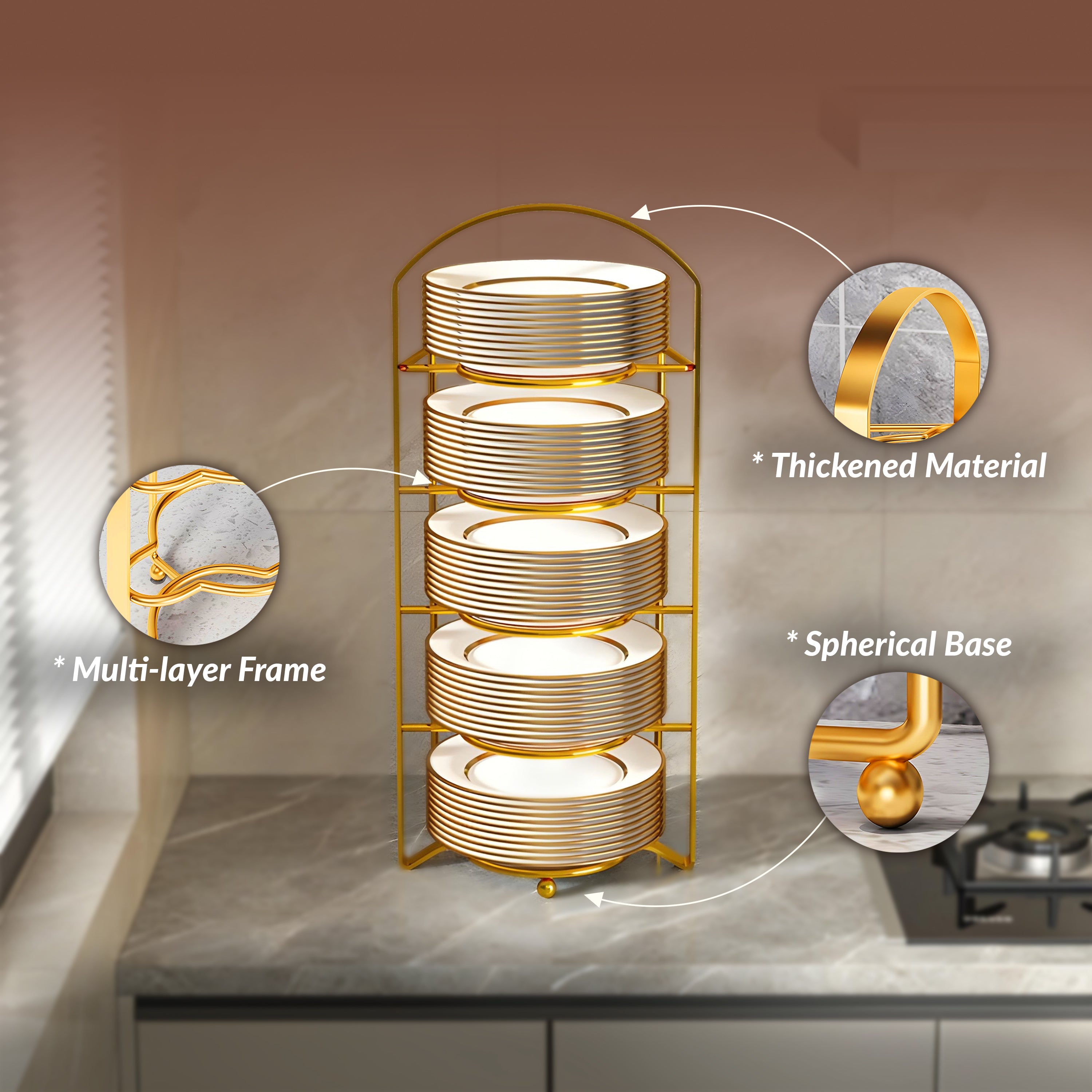 Homero Multipurpose Space-Saving Kitchen Counter Shelf with Elegant Gold Finish - 5 Tier