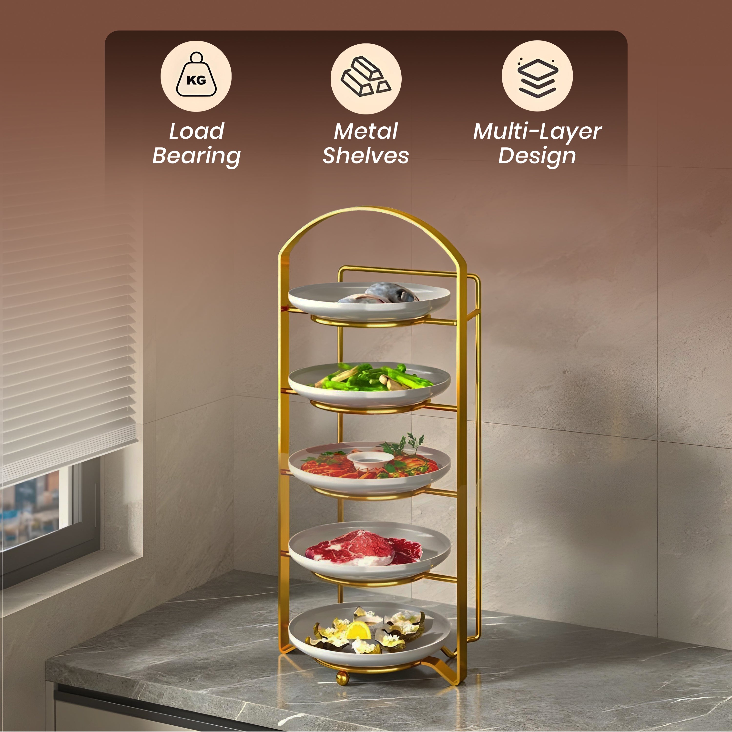 Homero Multipurpose Space-Saving Kitchen Counter Shelf with Elegant Gold Finish - 5 Tier