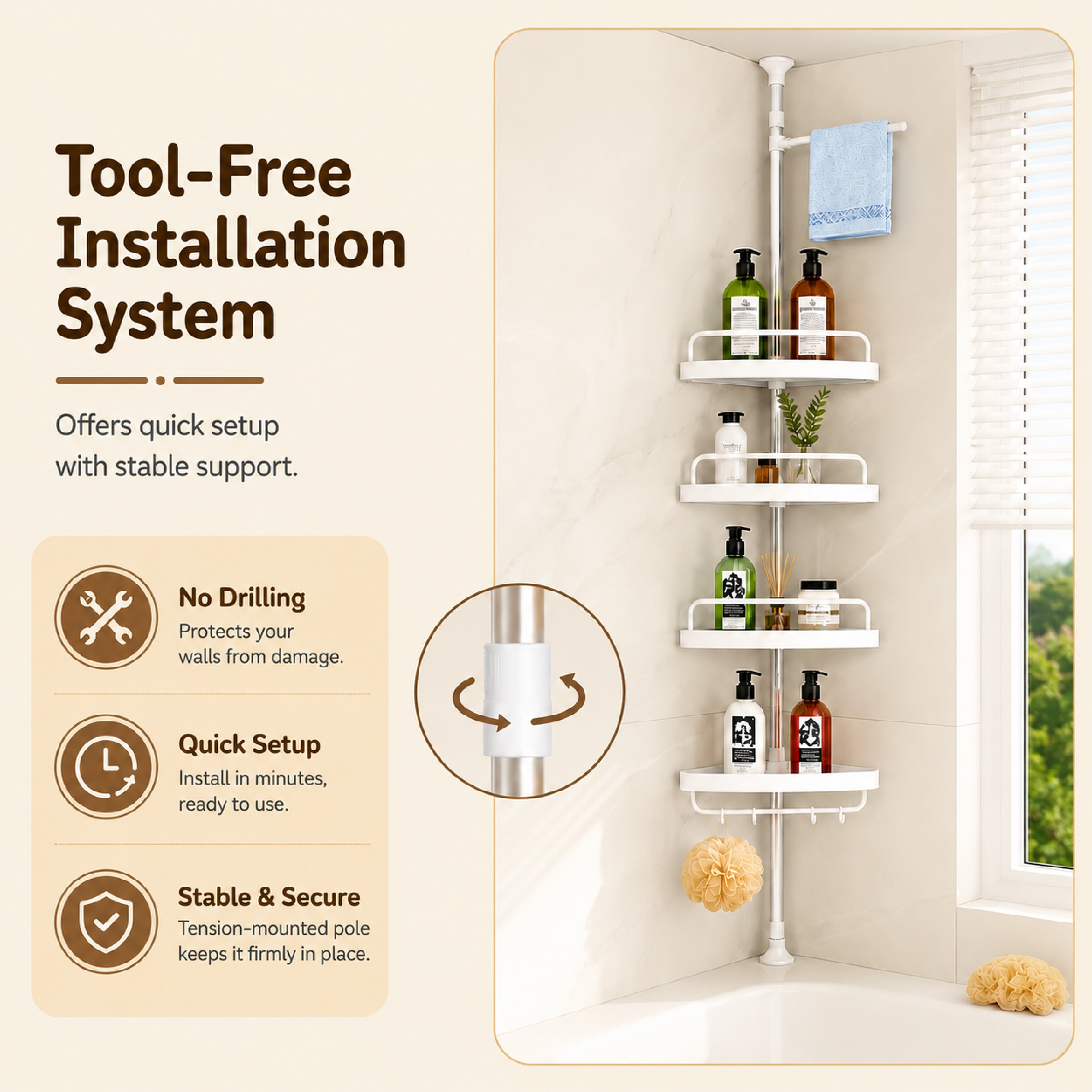 HOMERO Multipurpose Bathroom Rack with Hooks and Towel Bar - 4 Tier