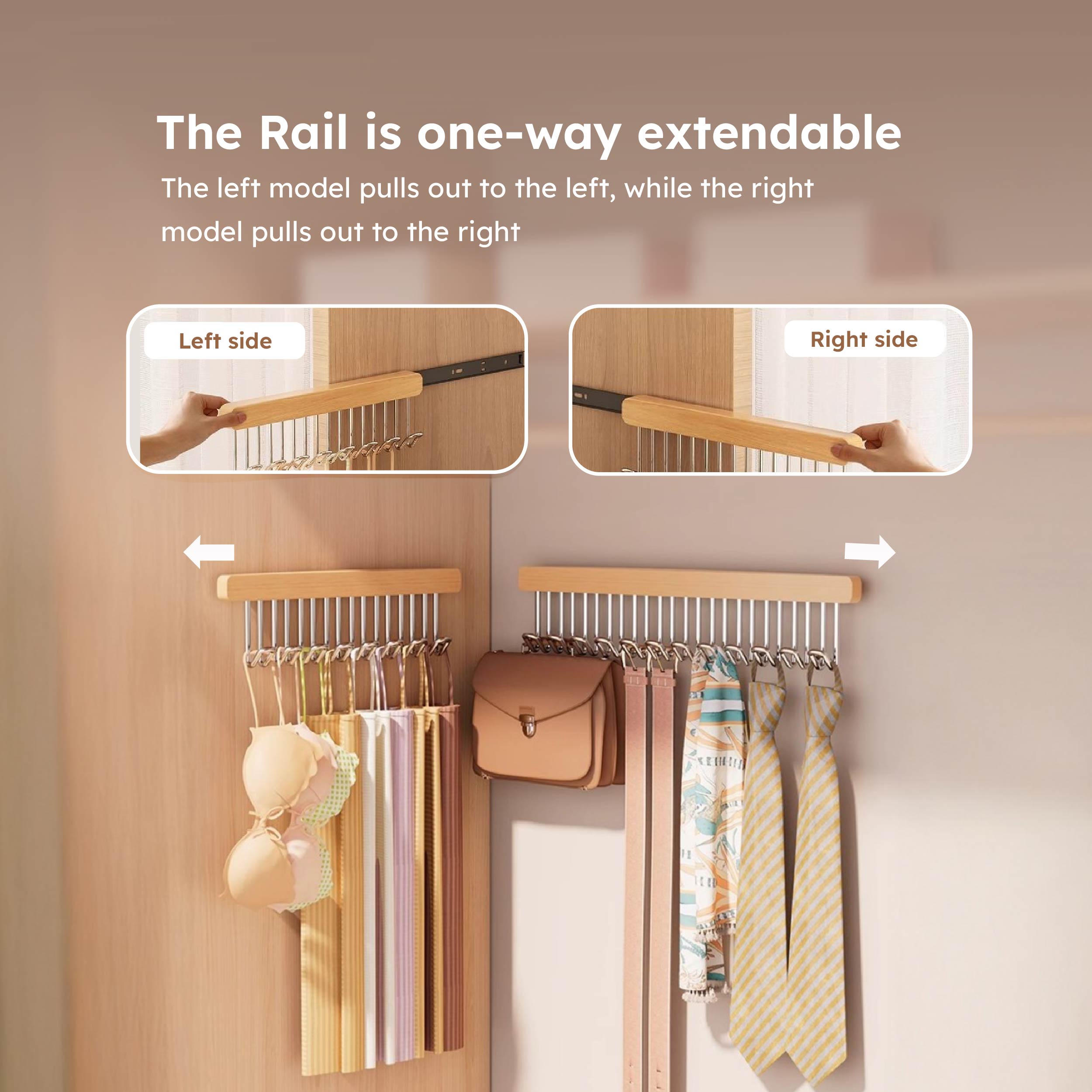 Homero Wooden Pull-Out Sliding Closet Organizer 12 Hooks
