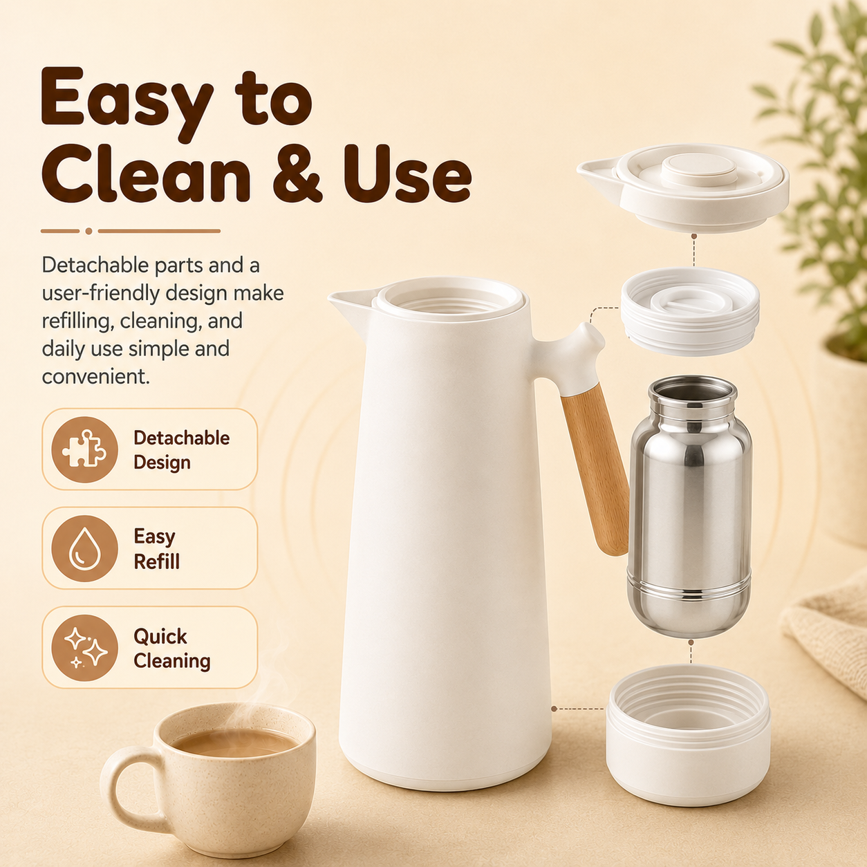 Homero 1 Litre Insulated Vacuum Flask with Wooden Handle (White)