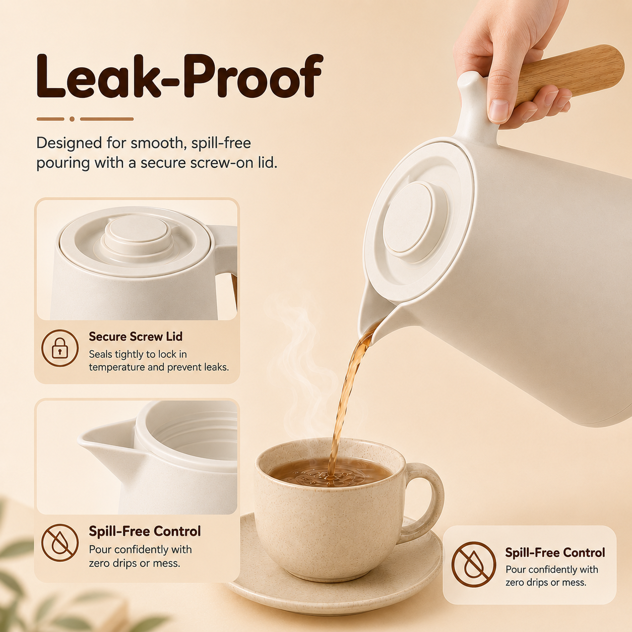 Homero 1 Litre Insulated Vacuum Flask with Wooden Handle (White)