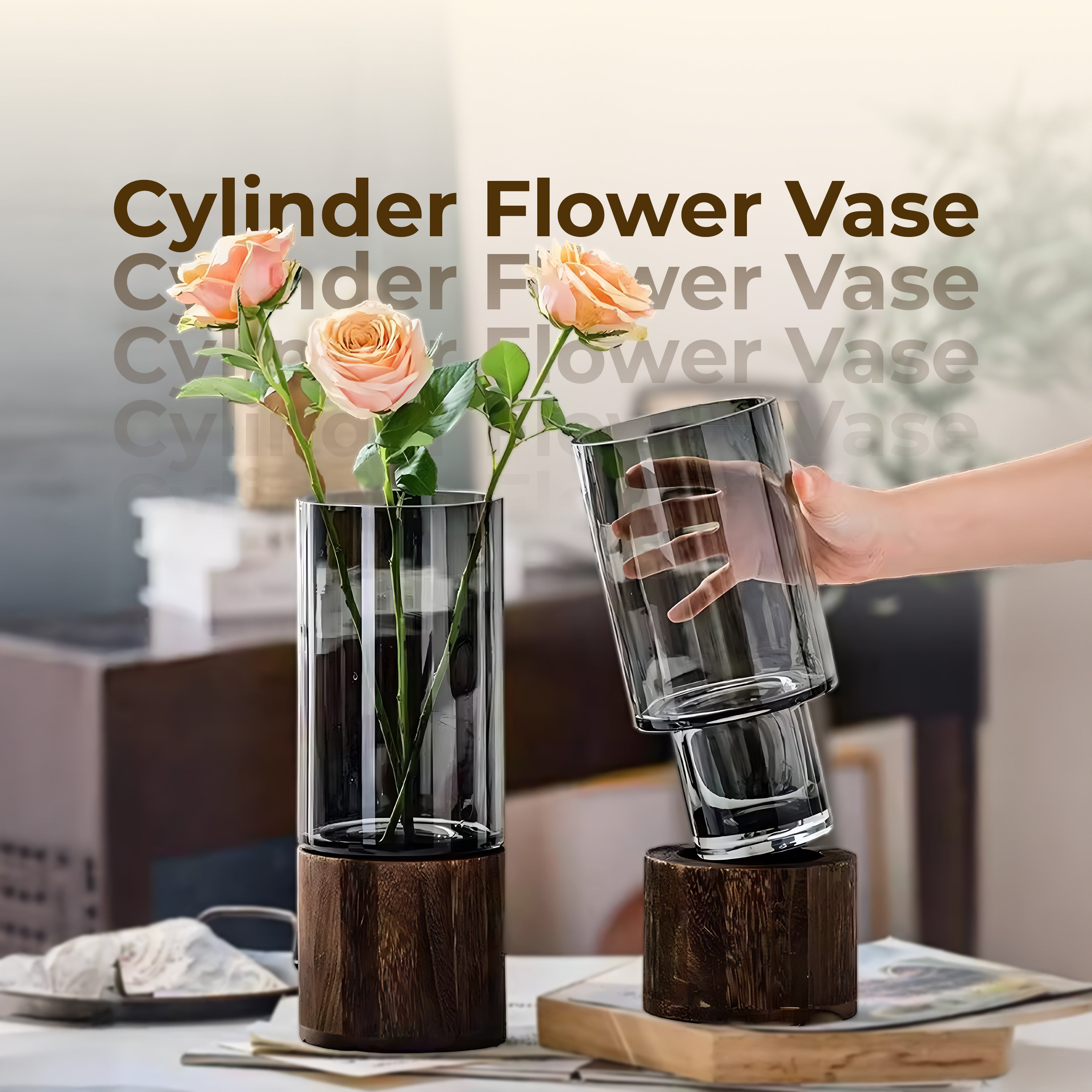 Homero Cylinder Vases with Wooden Base for Home Decor