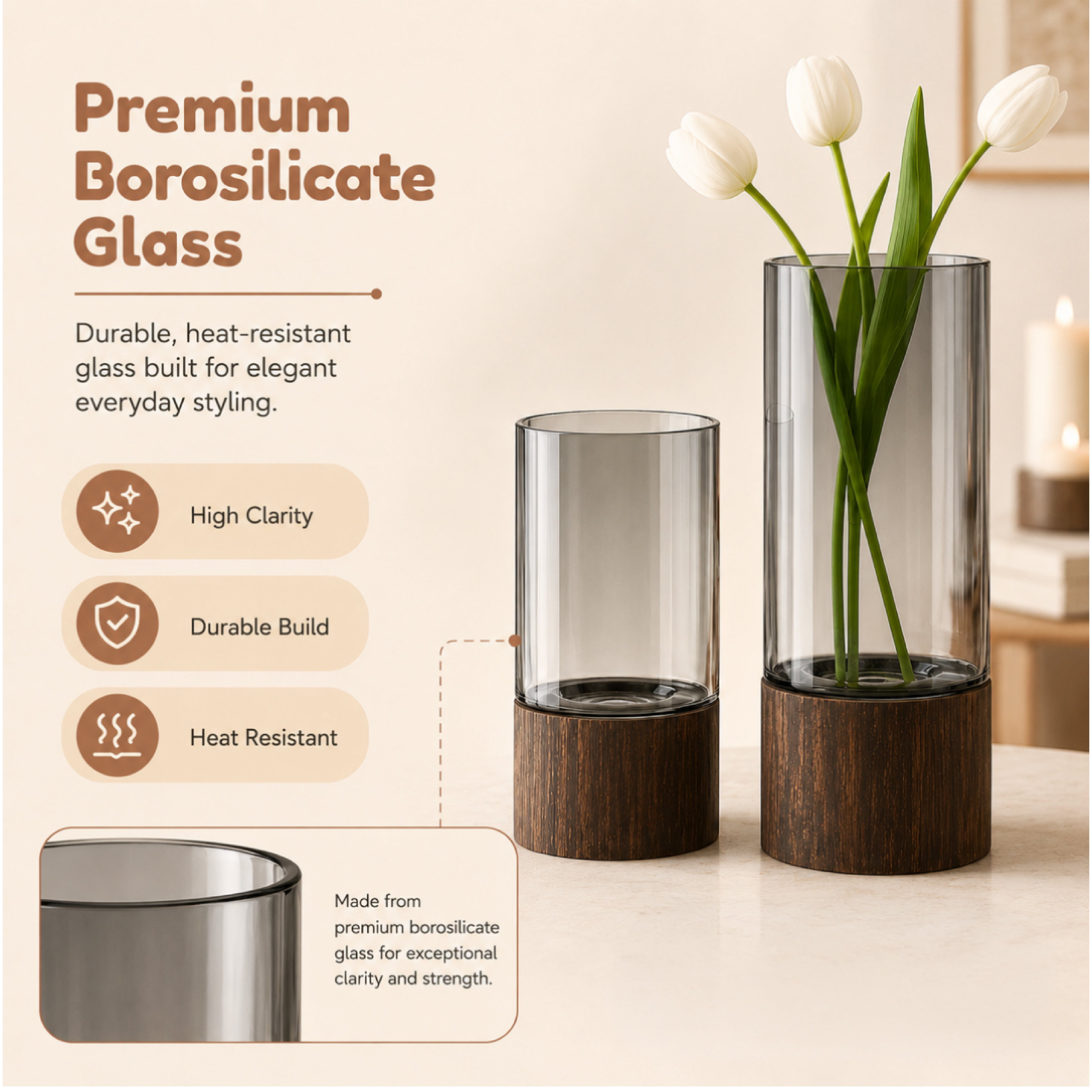 Homero Cylinder Vases with Wooden Base for Home Decor