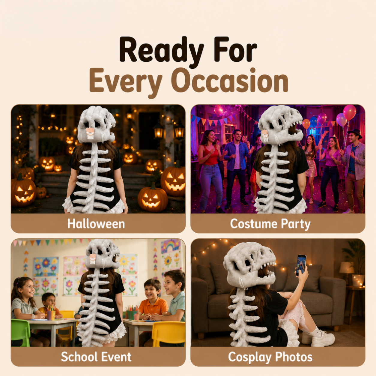 HOMERO Realistic Dinosaur Skeleton Costume with Skull Headpiece