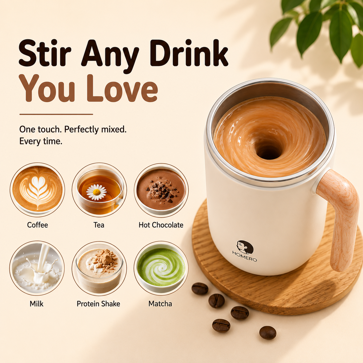 Homero Stainless Steel Automatic Stirring Mug with Wooden Handle - 420ml