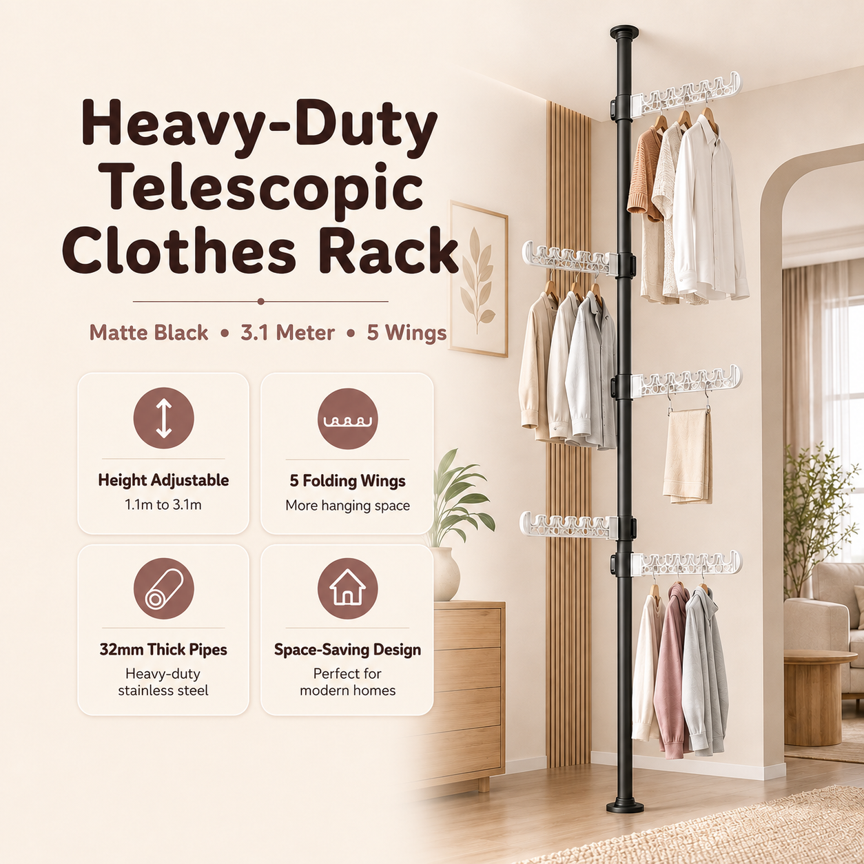 Homero Multi-Wing Heavy-Duty Telescopic Clothes Rack - Matte Black 3.1 Meter