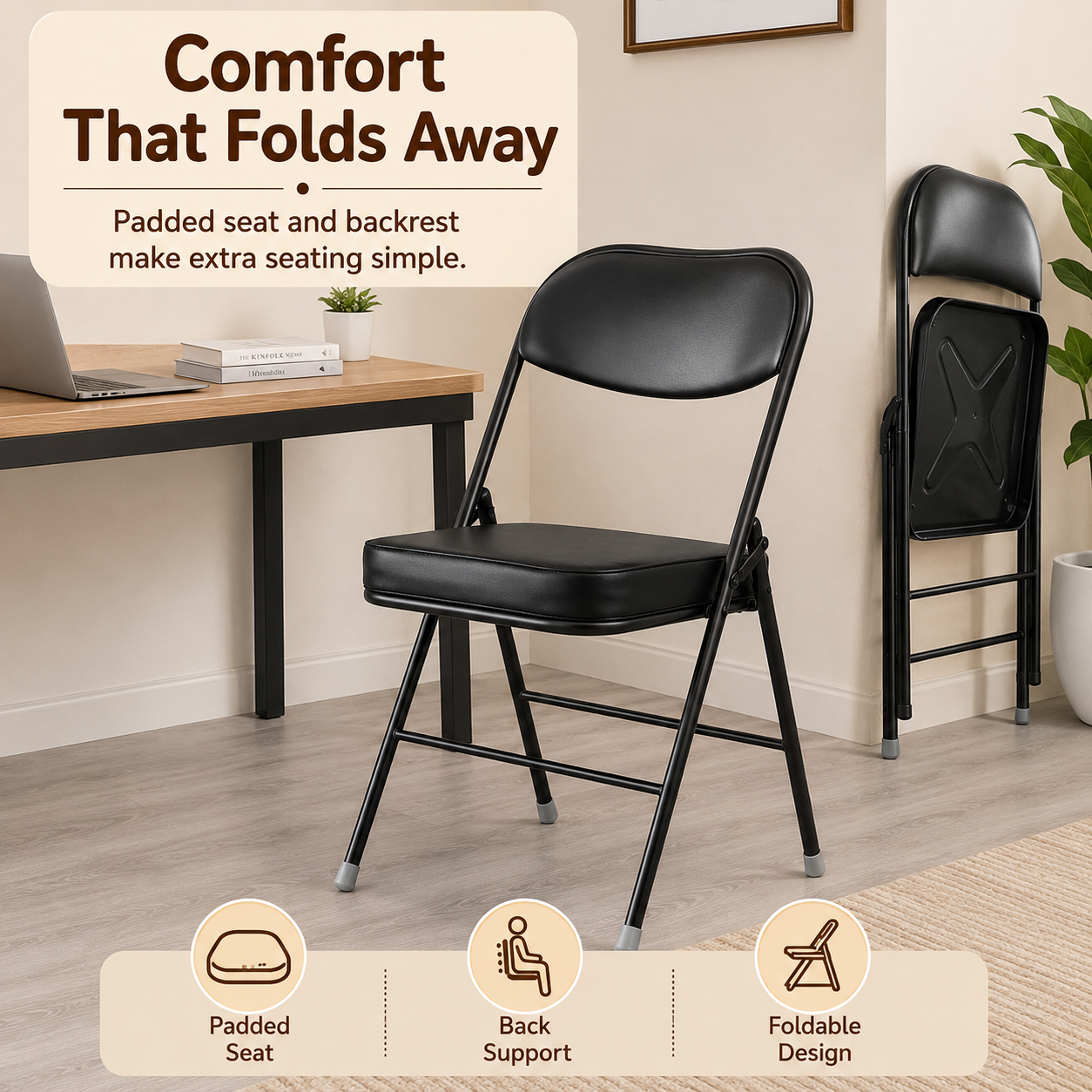 HOMERO Premium Heavy-Duty Metal Folding Padded Seat Backrest Chair