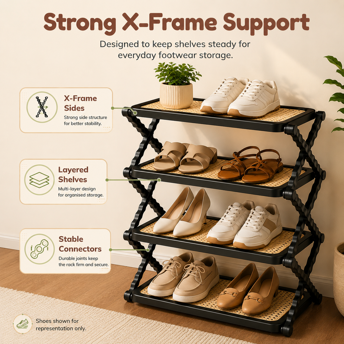 HOMERO Rattan Textured Foldable Multi Layer Shoe Rack