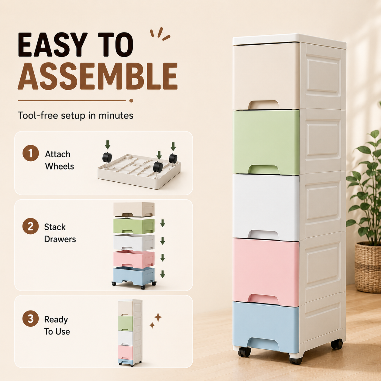 Homero Multi-Purpose Multicolor Slim Storage Cabinet with Wheels