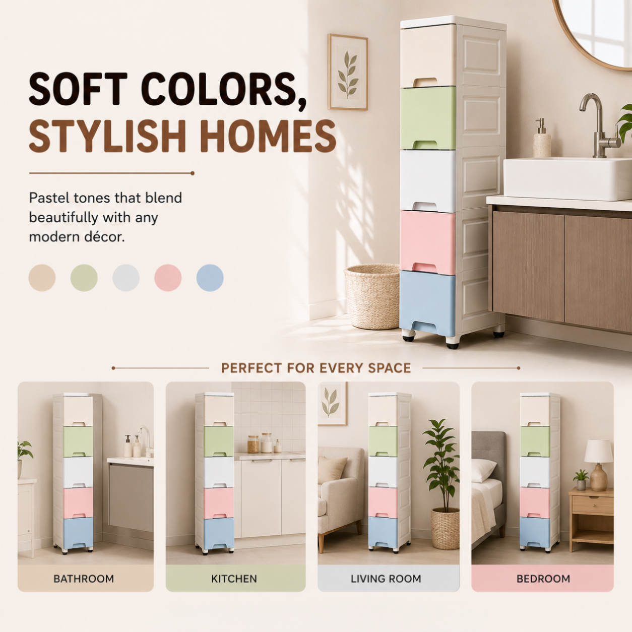 Homero Multi-Purpose Multicolor Slim Storage Cabinet with Wheels