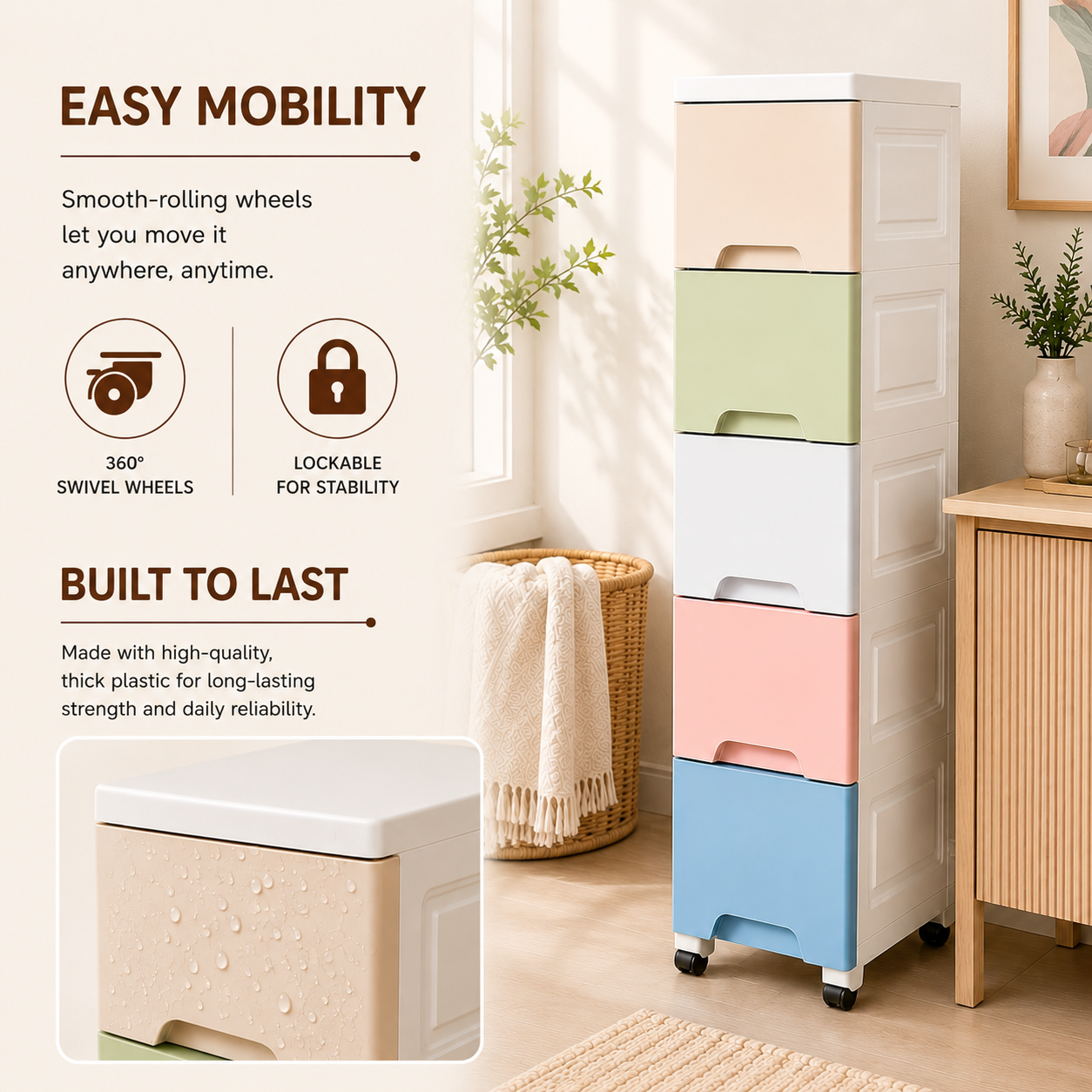 Homero Multi-Purpose Multicolor Slim Storage Cabinet with Wheels