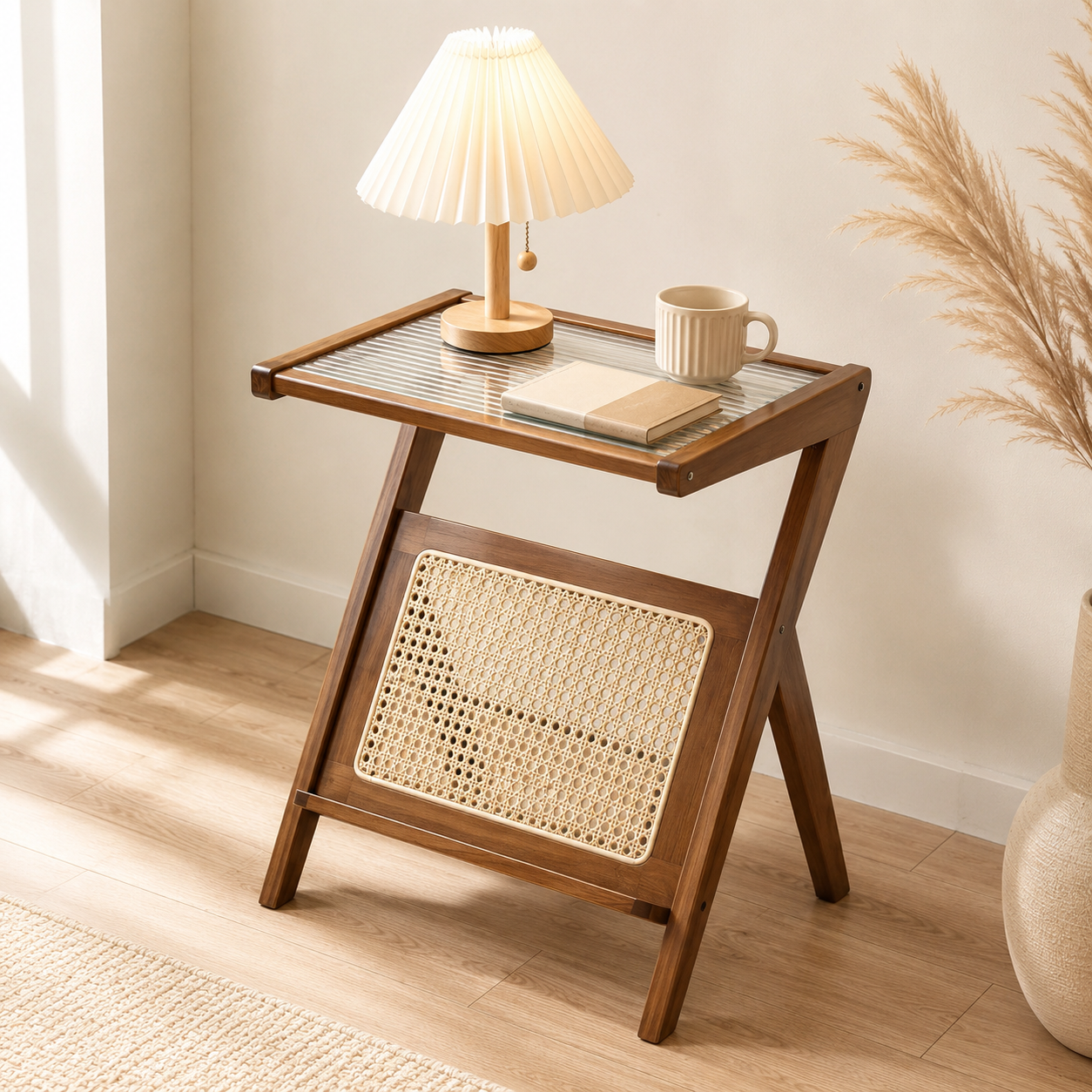 Elegant Z-Shape Boho Wooden Side Table with Toughened Glass Top