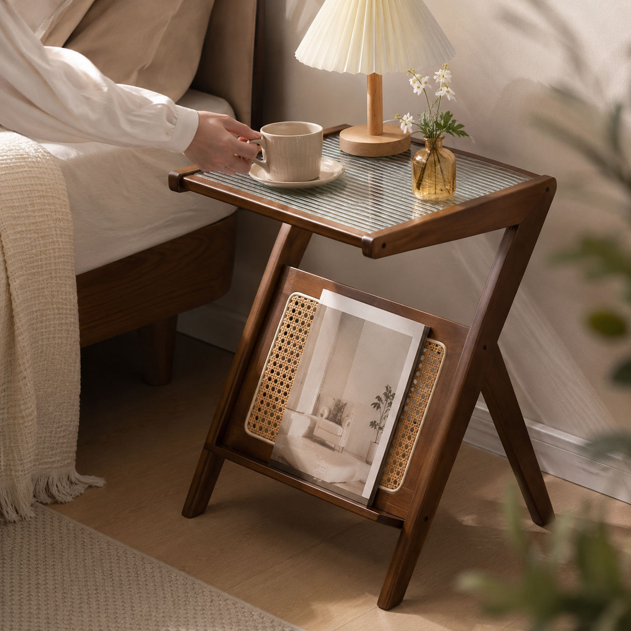 Elegant Z-Shape Boho Wooden Side Table with Toughened Glass Top