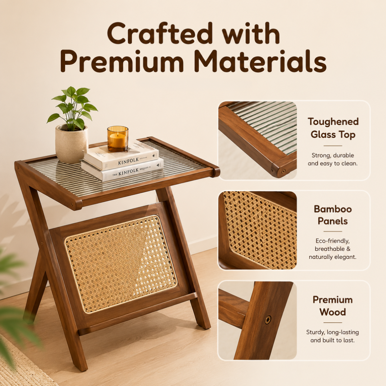 Elegant Z-Shape Boho Wooden Side Table with Toughened Glass Top