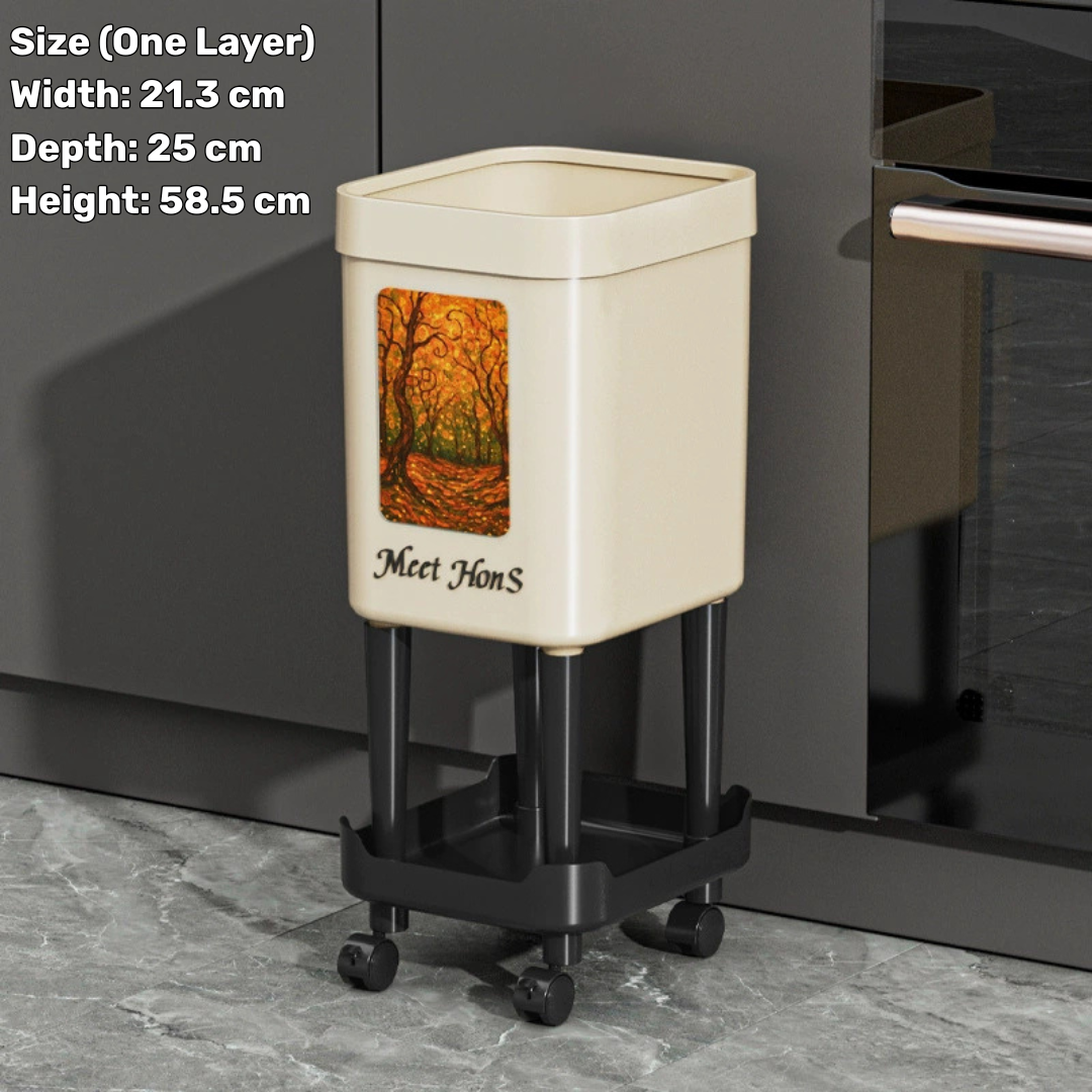 Elevated Rolling Kitchen Trash Bin with Storage Shelf