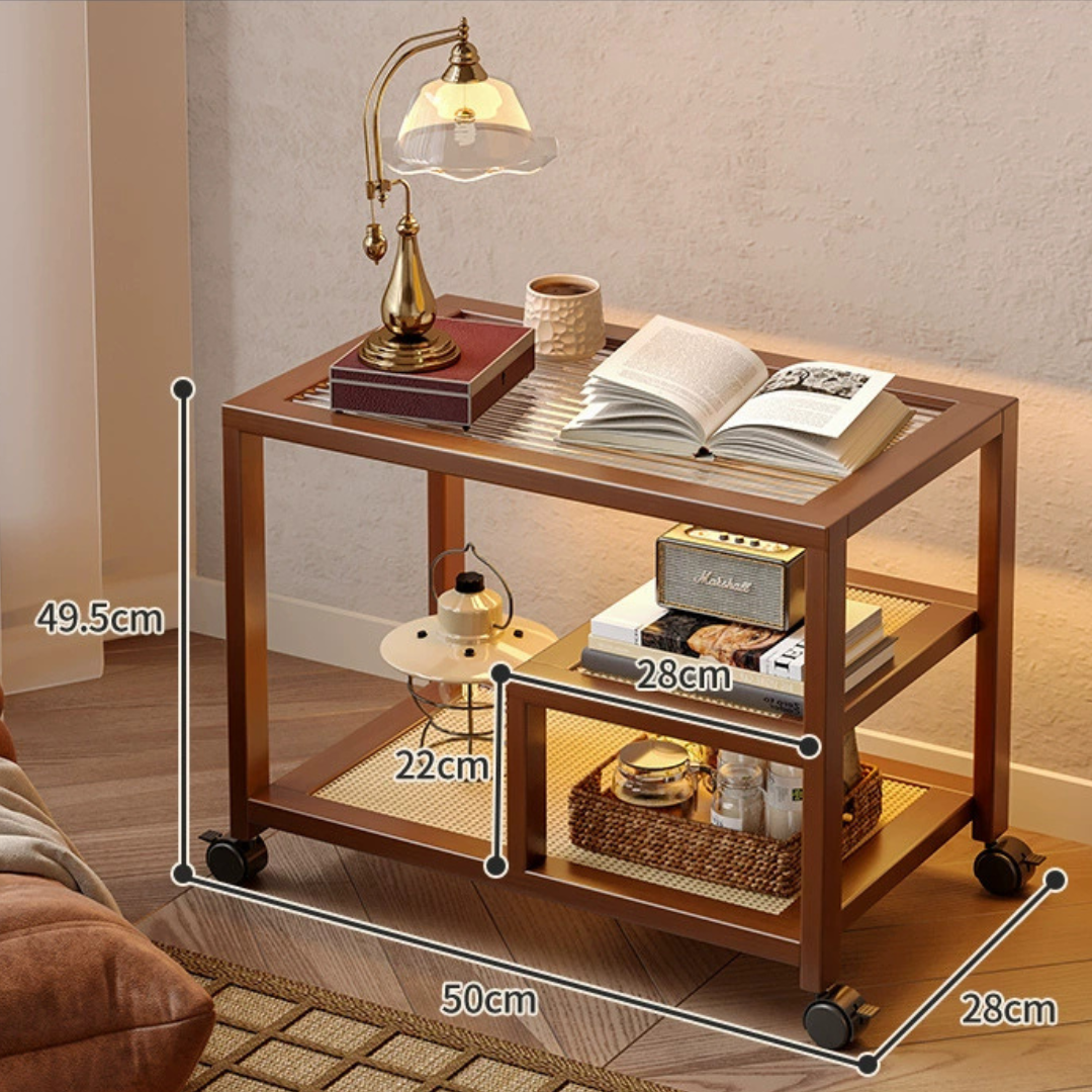 Premium Bamboo Rattan Rolling Side Table with Storage Shelves