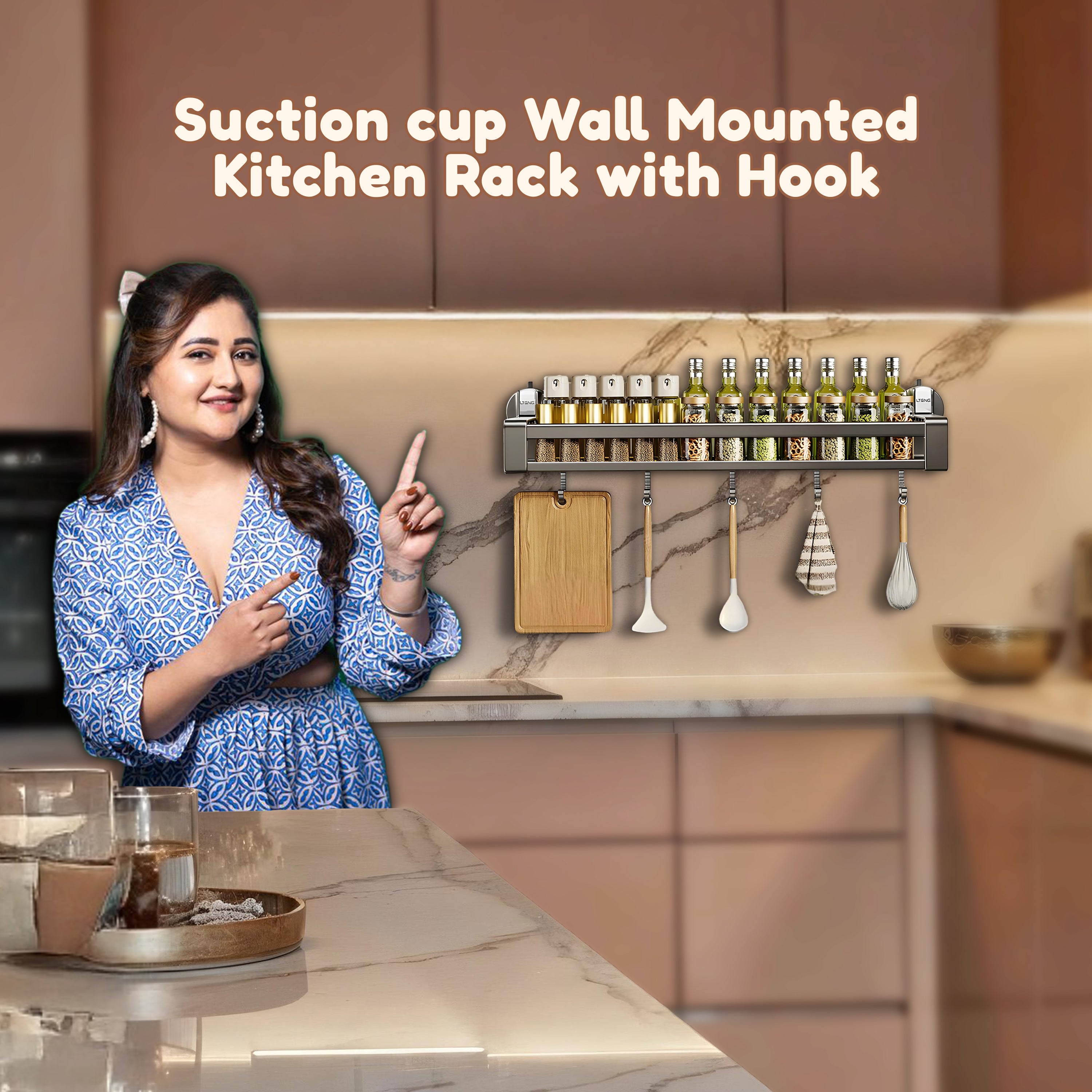 Homero Suction Cup Wall Mounted Kitchen Rack with Hook