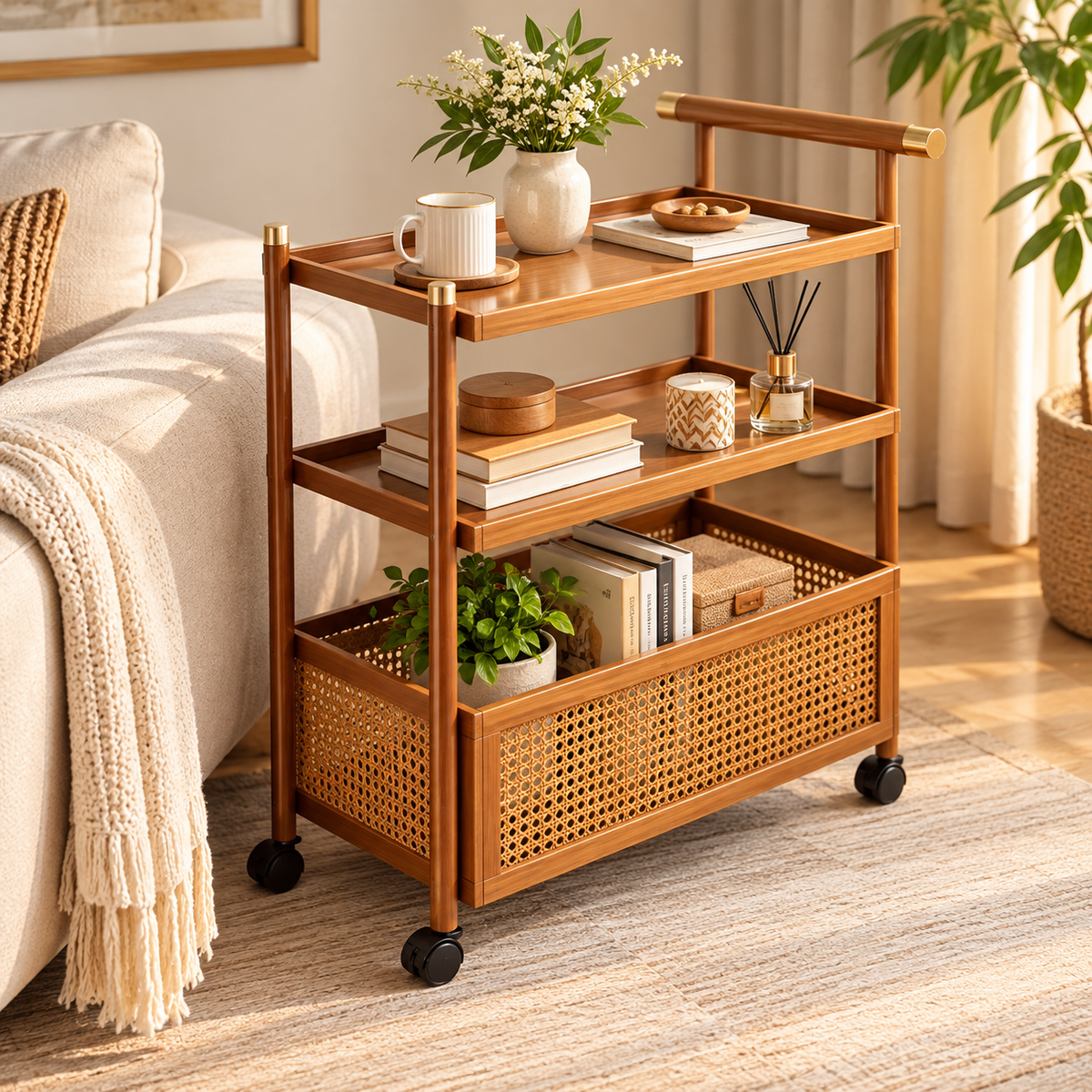 Natural Bamboo Woven Rattan Rolling Utility Side Table