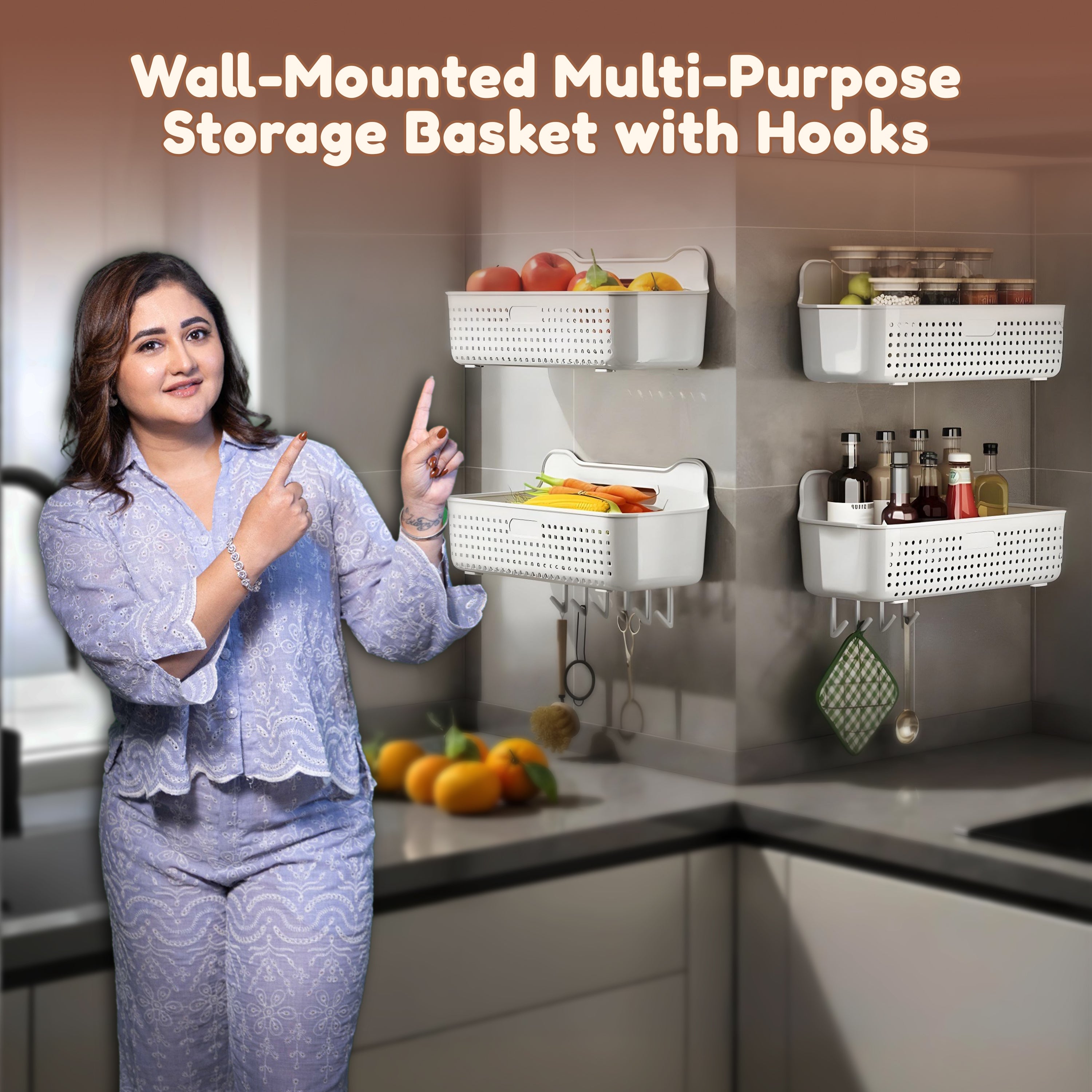 Homero Wall-Mounted Multi-Purpose Storage Basket with Hooks